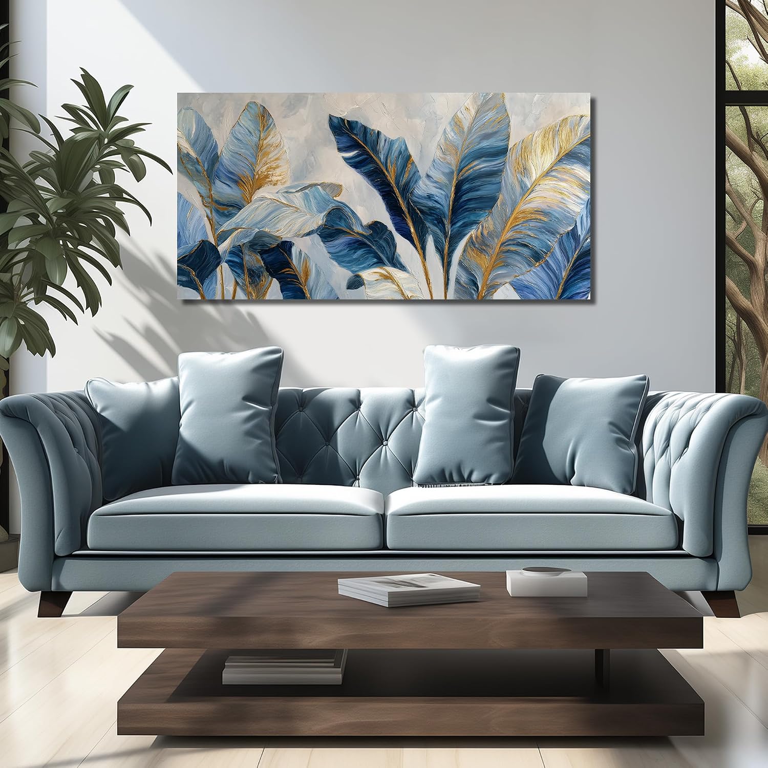 JuhaiArt White Banana Leaf Prints Bedroom Blue Canvas Art Botanical Gold Wall Artwork for Living Room Office 29' x 59'