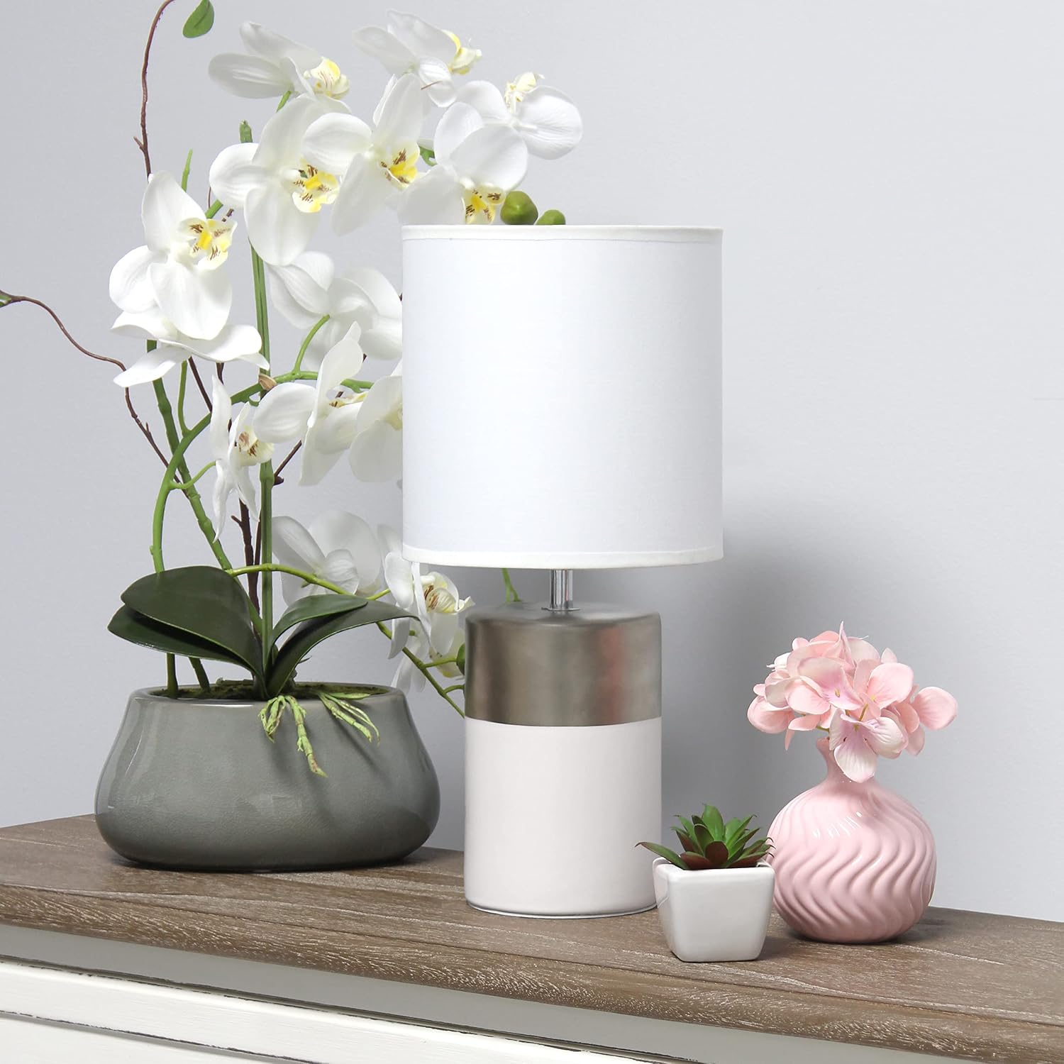 Simple Designs LT1114-OFF Two Toned Split Colors Basics Porcelain Bedside Table Lamp, Silver and Off White(Pack of 9)