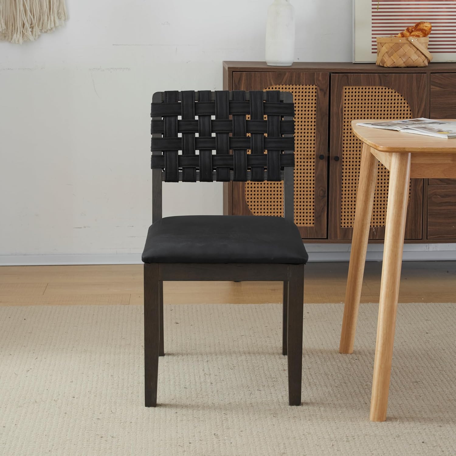 VINGLI Black Woven Wooden Dining Chairs Set of 2,Armless Mid Century Modern Desk Chairs with Rivet&Foot Pegs,Upholstered Farmhouse Comfy Chair No Wheels for Dining Room,Living Room,Kitchen,Oak,Suede