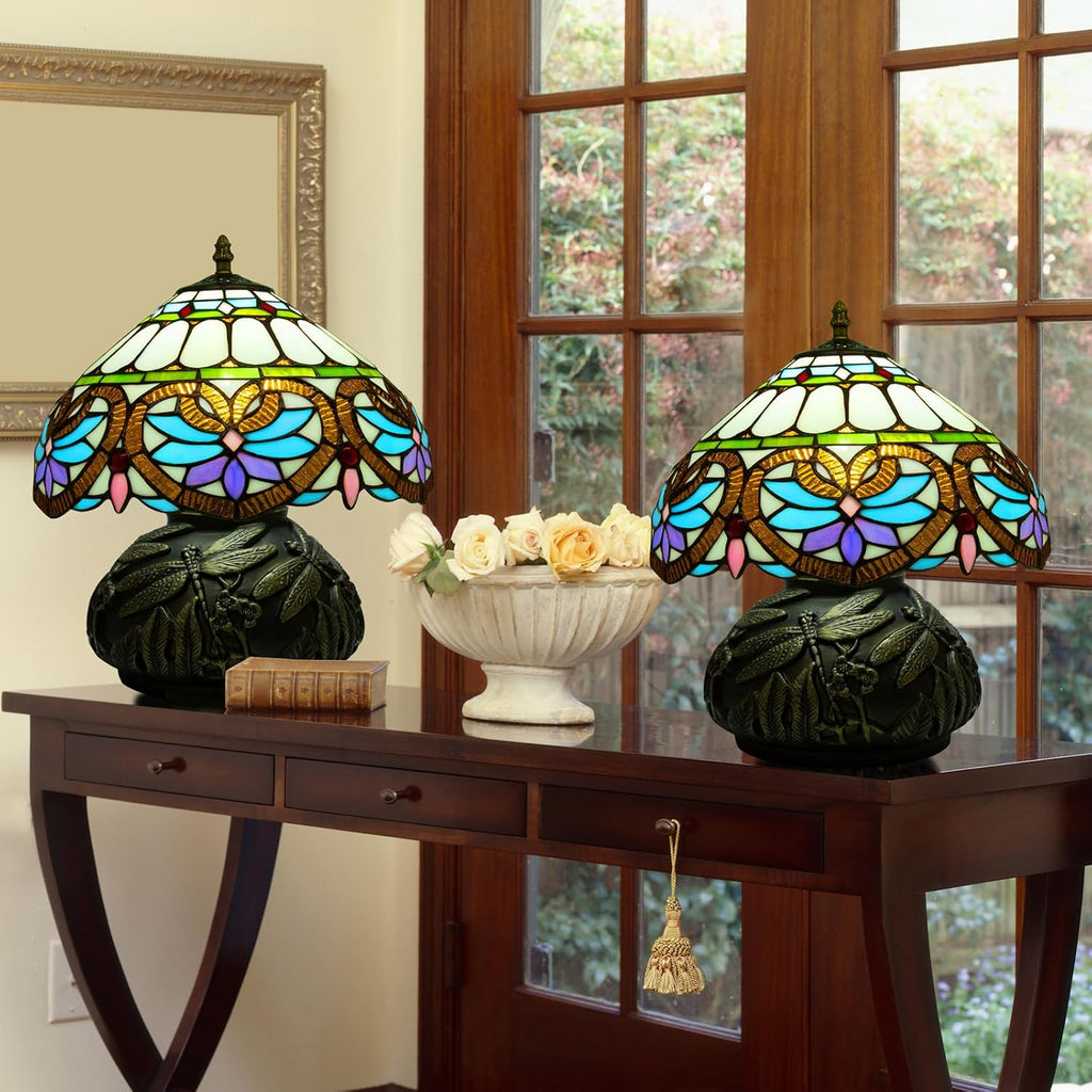 Tiffany Table Lamp,12 Inch Stained Glass Table Lamp,Mushroom Style Vintage Desk Lights Included E26 LED with Remote Control for Bedside,Bedroom,Living Room(Red Star Baroque)