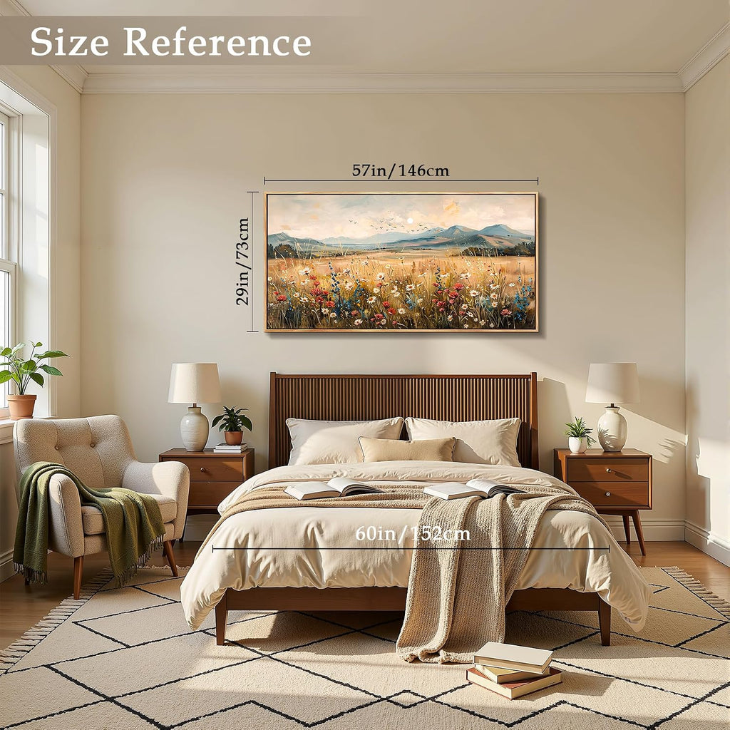 imjiayu Extra Large Wall Art, Landscape Wall Art, Rustic Wall Decor, Country Wildflowers Framed Art Prints, Neutral Oversized Paintings for Living Room Dining Room Farmhouse Home Decoration 29'x57'
