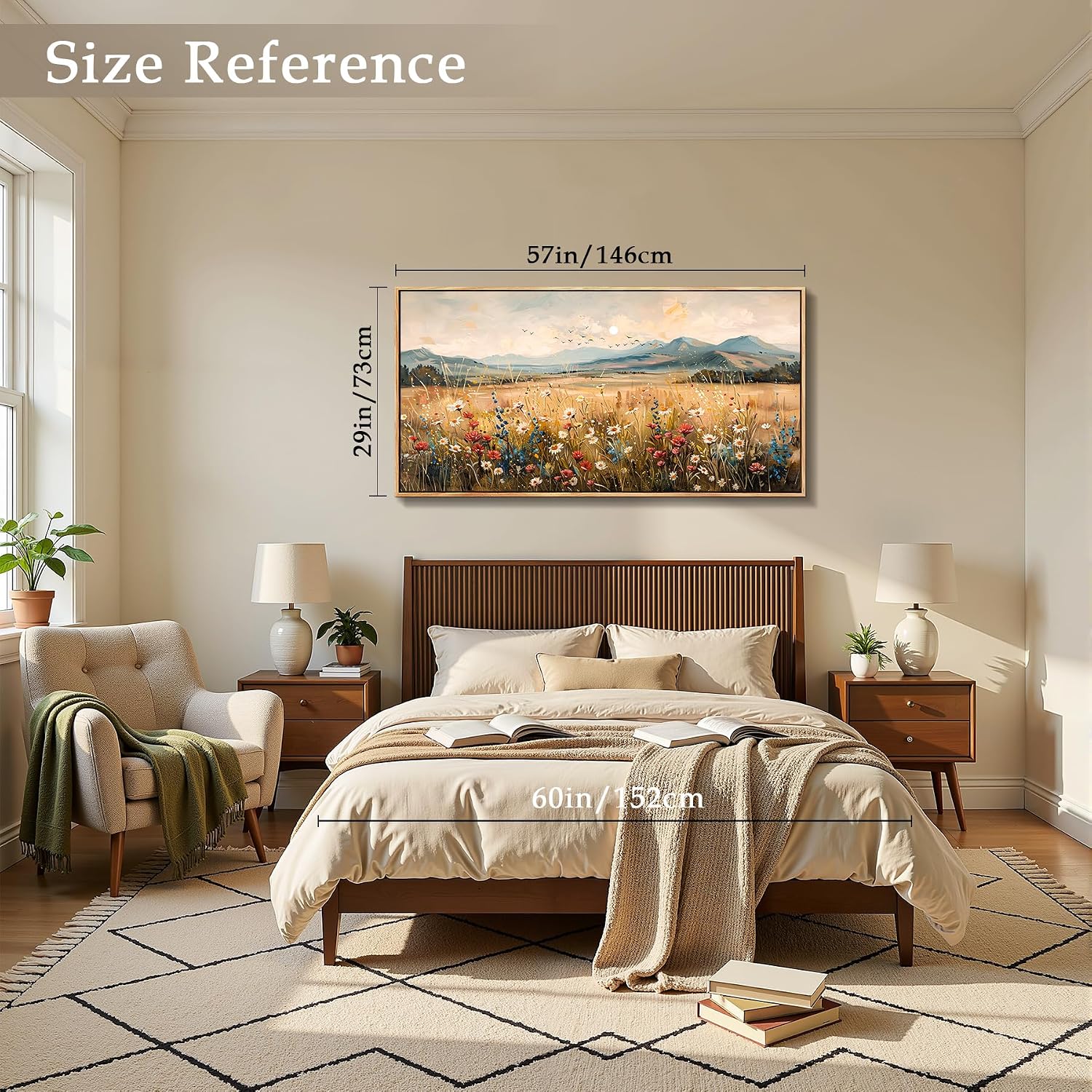 imjiayu Extra Large Wall Art, Landscape Wall Art, Rustic Wall Decor, Country Wildflowers Framed Art Prints, Neutral Oversized Paintings for Living Room Dining Room Farmhouse Home Decoration 29'x57'