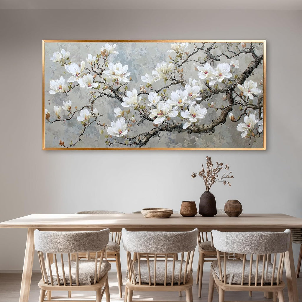 BewDalky Black Metal Framed Wall Art Flower Tree Canvas Print White Magnolia Blossom Picture Nature Landscape Painting Floral Artwork for Living Room Bedroom Home Office Farmhouse Decor 24' x 46'