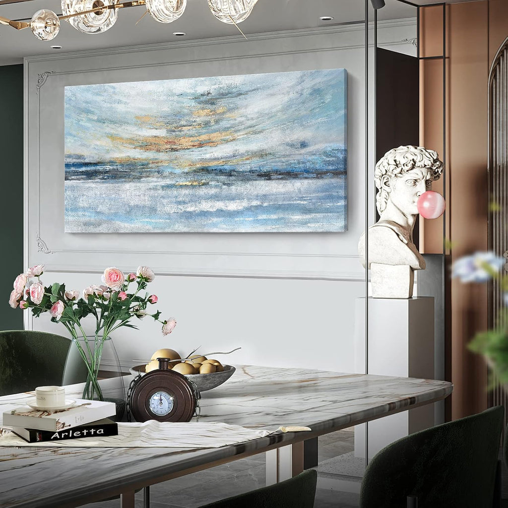 Extra Large Framed Wall Art for Living Room Light Blue Huge Canvas Print Modern Ocean Skyline and Sunset Wall Picture Coastal Themed Seaside Sea Artwork for Home Bedroom Décor 58x29inch Décor