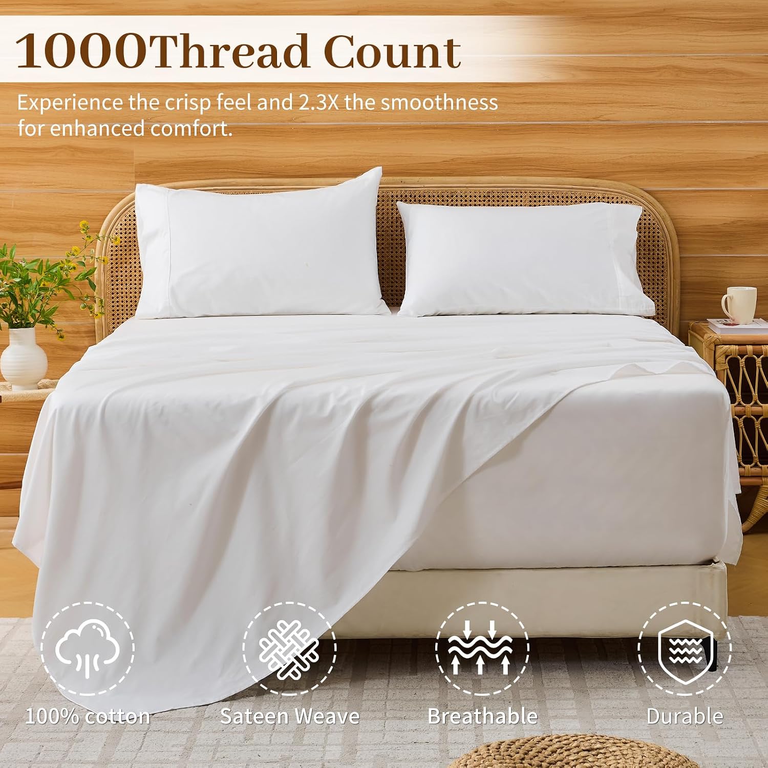 Bedlifes Deep Pocket Sheets 18-24 Inch, California King Size Egyptian Cotton 1000 Thread Count, 4-Piece - Fits Extra Thick Mattresses, Cooling & Breathable (White)