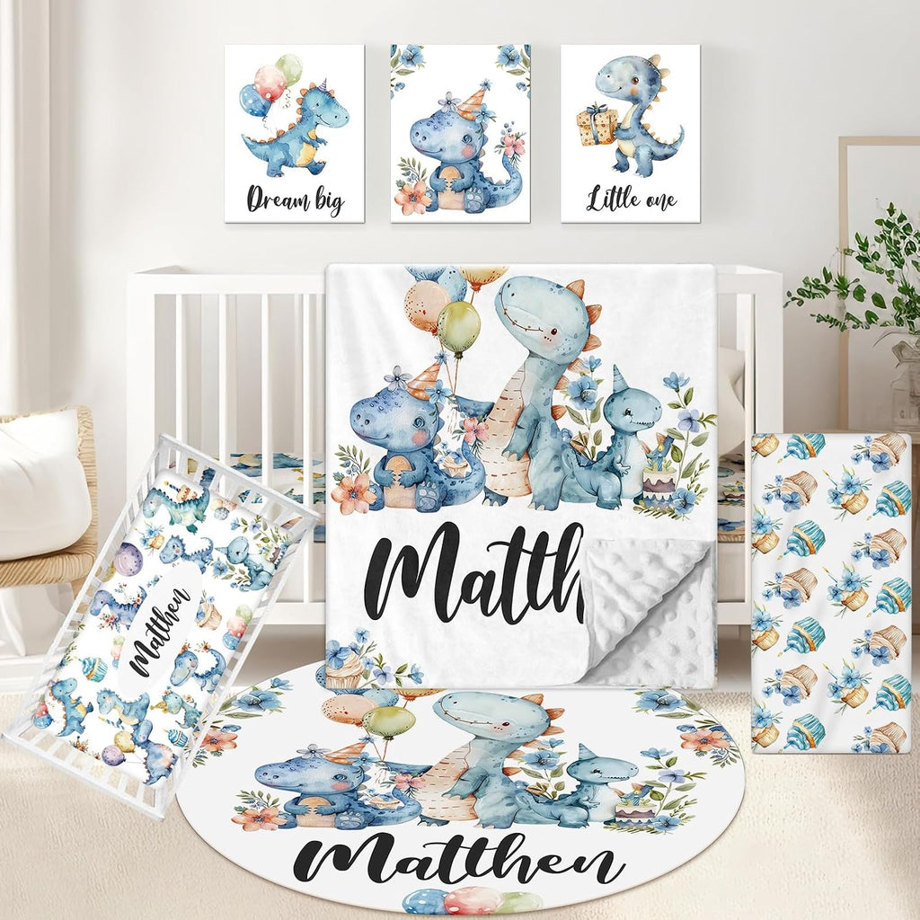 KAINSY Custom Crib Bedding Set 5 Piece for Baby Boys – Personalized Dinosaur Theme, Newborn Sleep Set, Nursery Decor, Toddler Room Essentials, Infant Sleep, Baby Room Accessories, Baby Gift