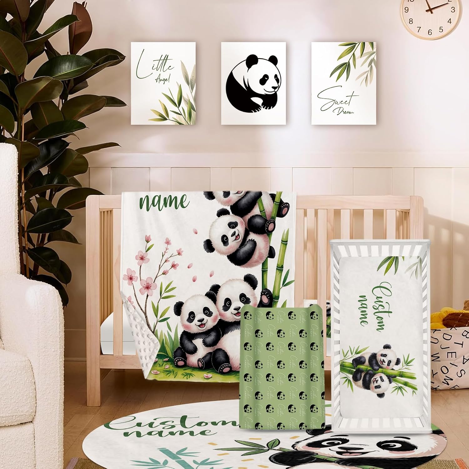Personalized Crib Bedding Set for Baby Boys Girls, Custom Name Baby Crib Sets 5-Pcs Include Toddler Double Layer Blanket Fitted Sheet Changing Pad Cover Rug Wall Art Set, Panda Theme Nursery Décor