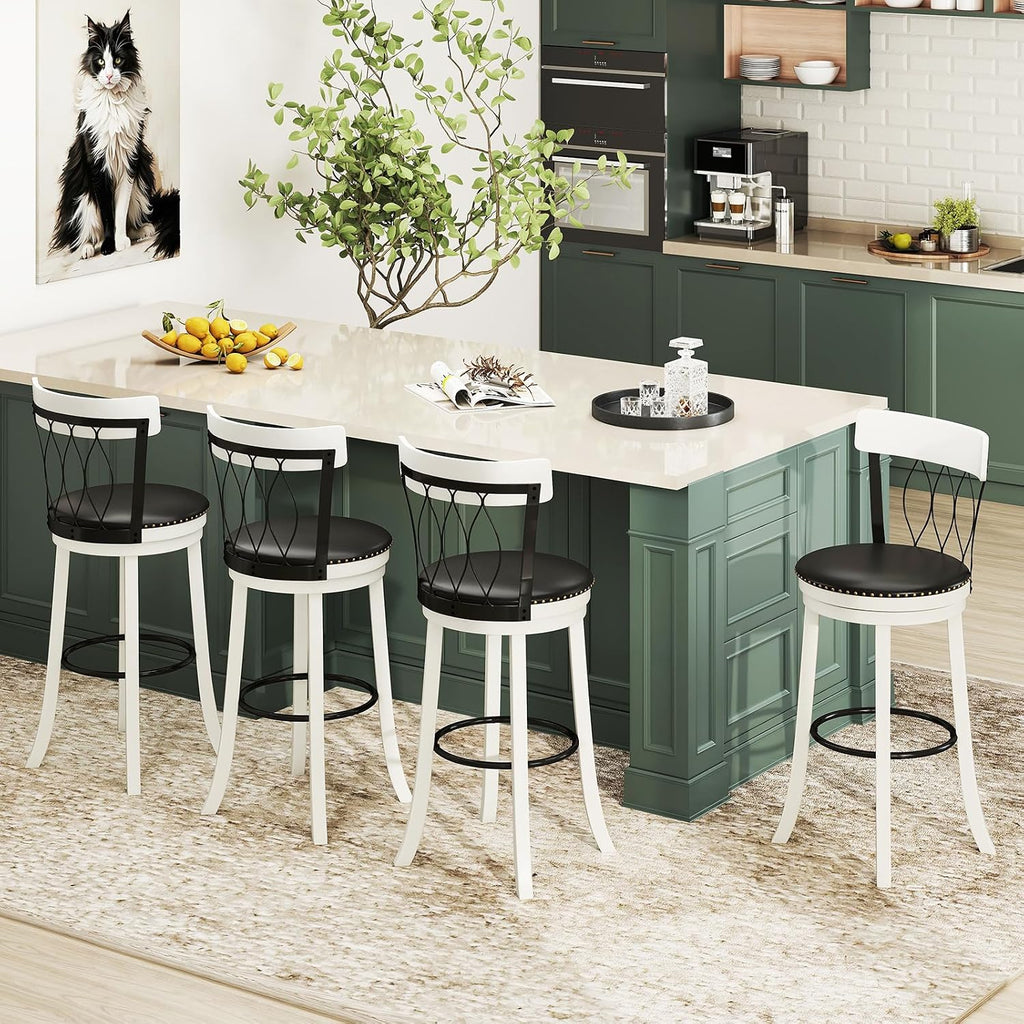 Giantex 30' Bar Stools Set of 4, Swivel Bar Height Bar Chairs with Footrest, Rubber Wood Frame & Tufted Rivets, Upholstered Modern PVC Leather Barstools for Kitchen Island & Pub