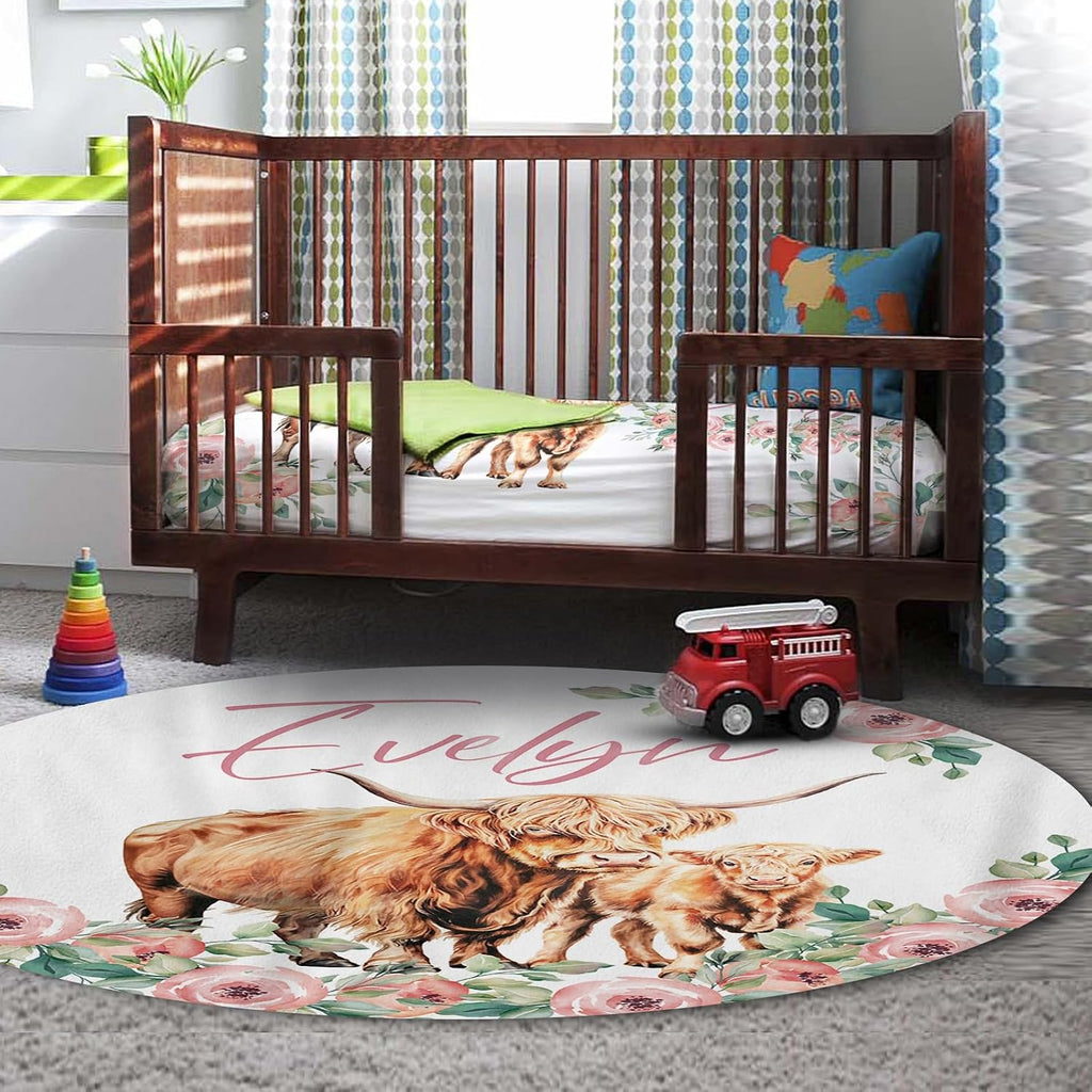 Personalized Nursery Crib Bedding Set: Custom Name Floral 5 Piece Baby Crib Sets with Highland Cow Design - Toddler Double Layer Blanket Set, Comfortable Crib Bed Sheets for Baby Grils