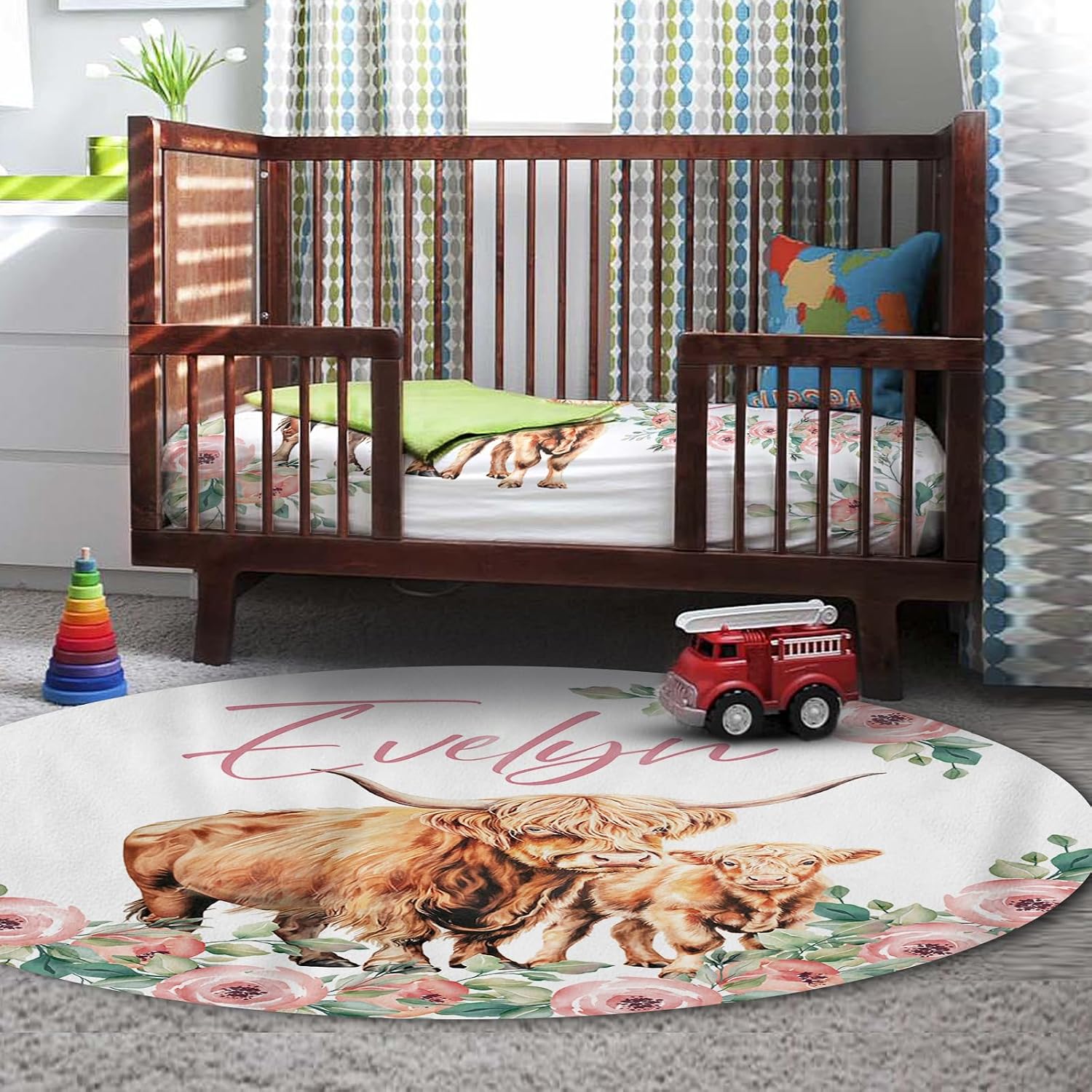 Personalized Nursery Crib Bedding Set: Custom Name Floral 5 Piece Baby Crib Sets with Highland Cow Design - Toddler Double Layer Blanket Set, Comfortable Crib Bed Sheets for Baby Grils