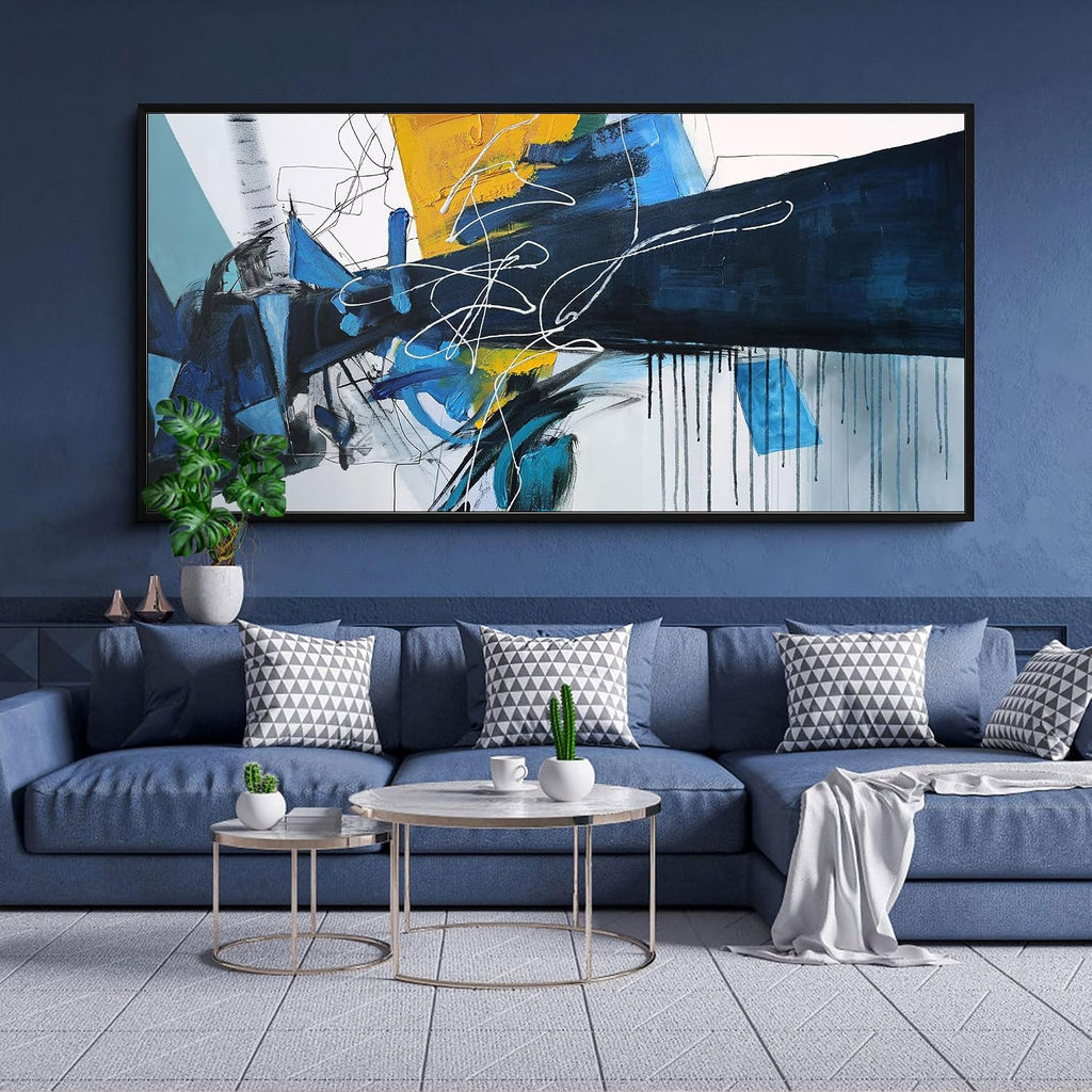 KLAKLA Wall Art for Living Room - Blue Abstract Canvas Pictures Framed Artwork for walls Extra Large Prints for Bedroom Above the Bed Decor 24x48 Inches
