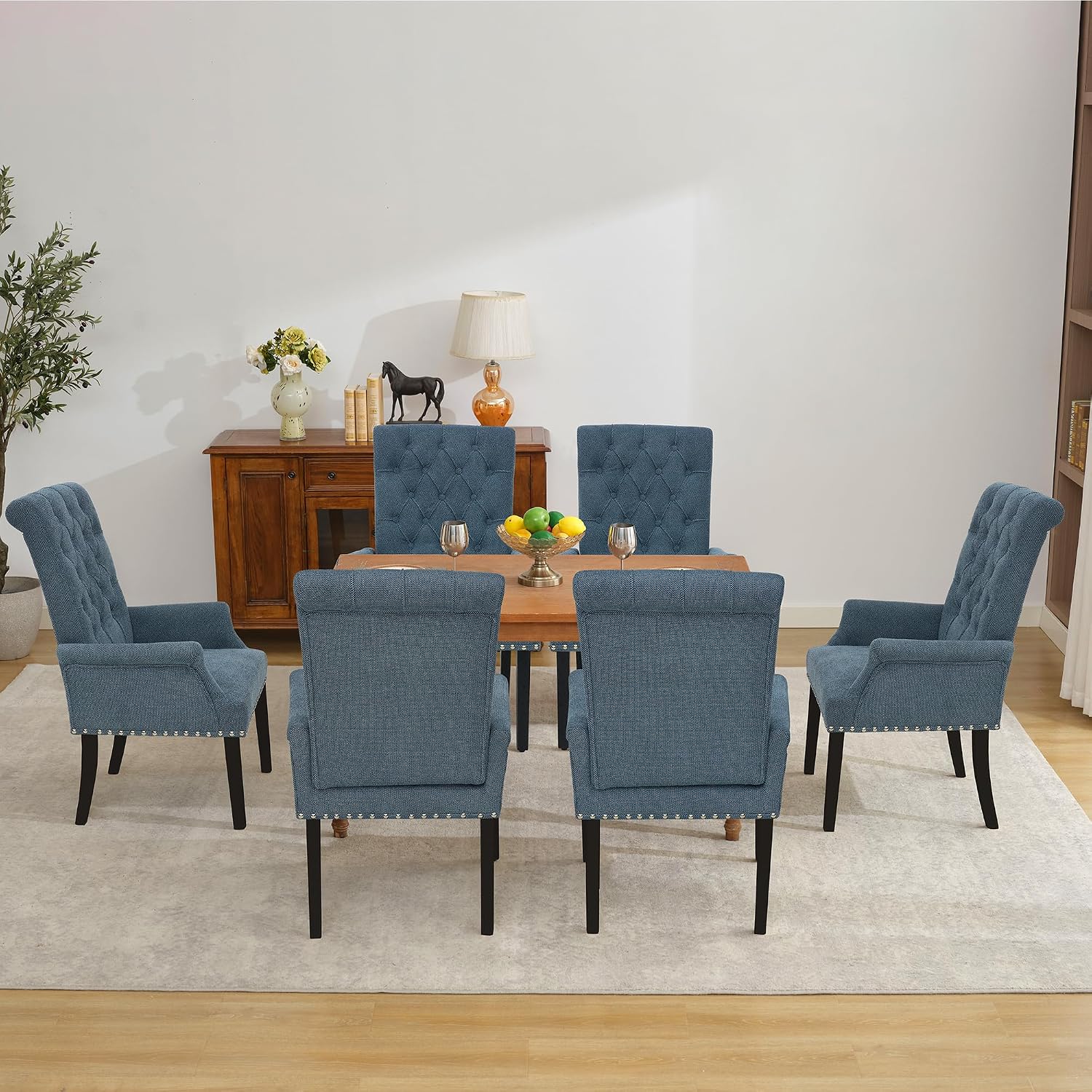 LOULENS Fabric Dining Chairs, Upholstered Tufted Armrest Chairs, Accent Chairs with Nailhead Trim, Black Solid Wood Legs for Home, Kitchen Living Room, Light Blue