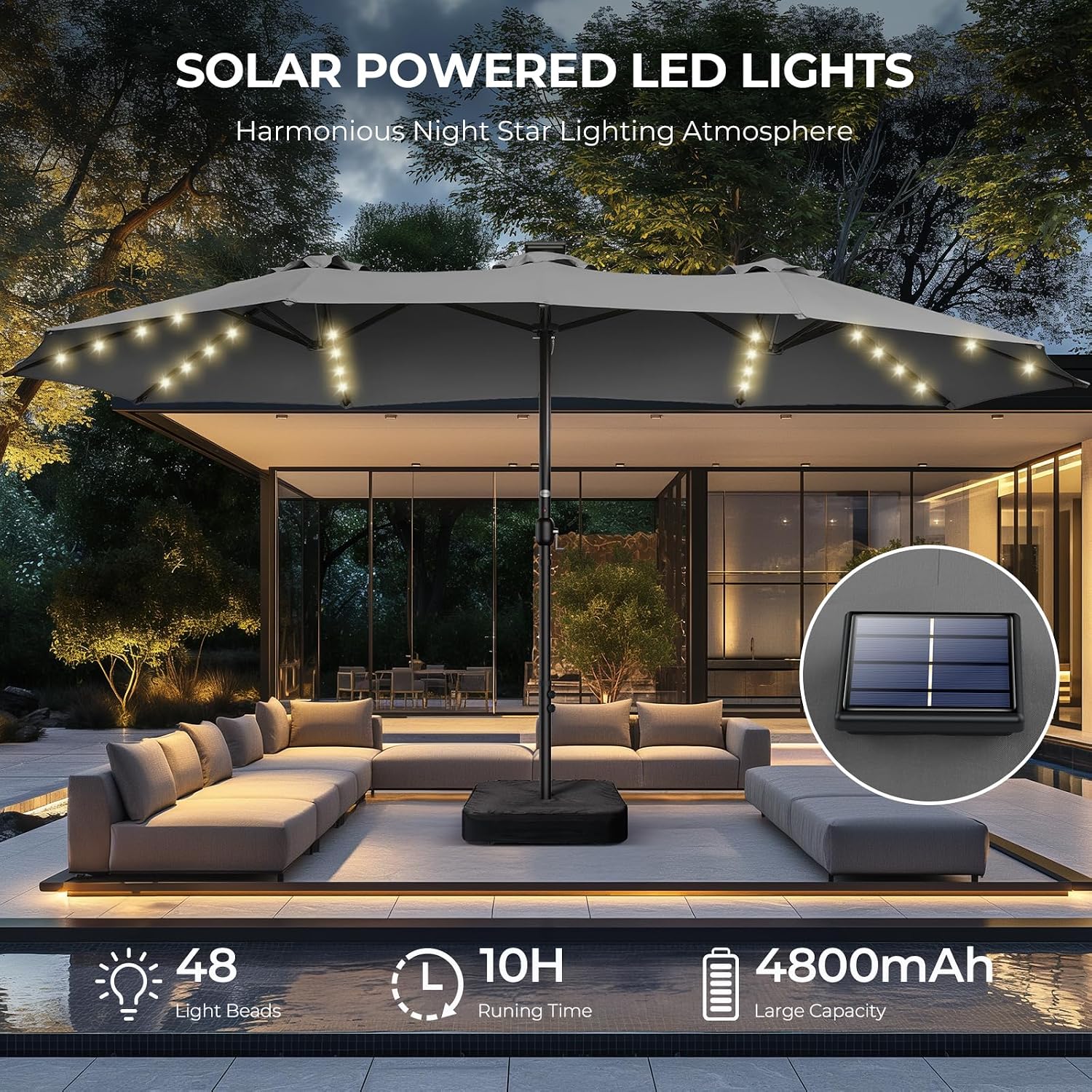 HOMSHADE Double Sided Patio Umbrellas - 15ft Solar Lights LED Lighted Outdoor Extra Large Market Table Umbrella with Base Included, Oversized Umbrella for Deck, Pool, Backyard