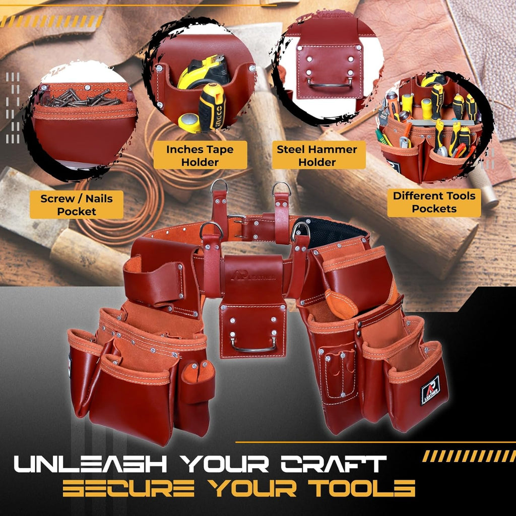 AP-LEATHER PRO-19 100% Genuine Full Grain Leather Tool Belt/Pouch/Bag, tool belt with suspenders, Comfort Back Support Tool Pouches With Suspenders (Maroon)