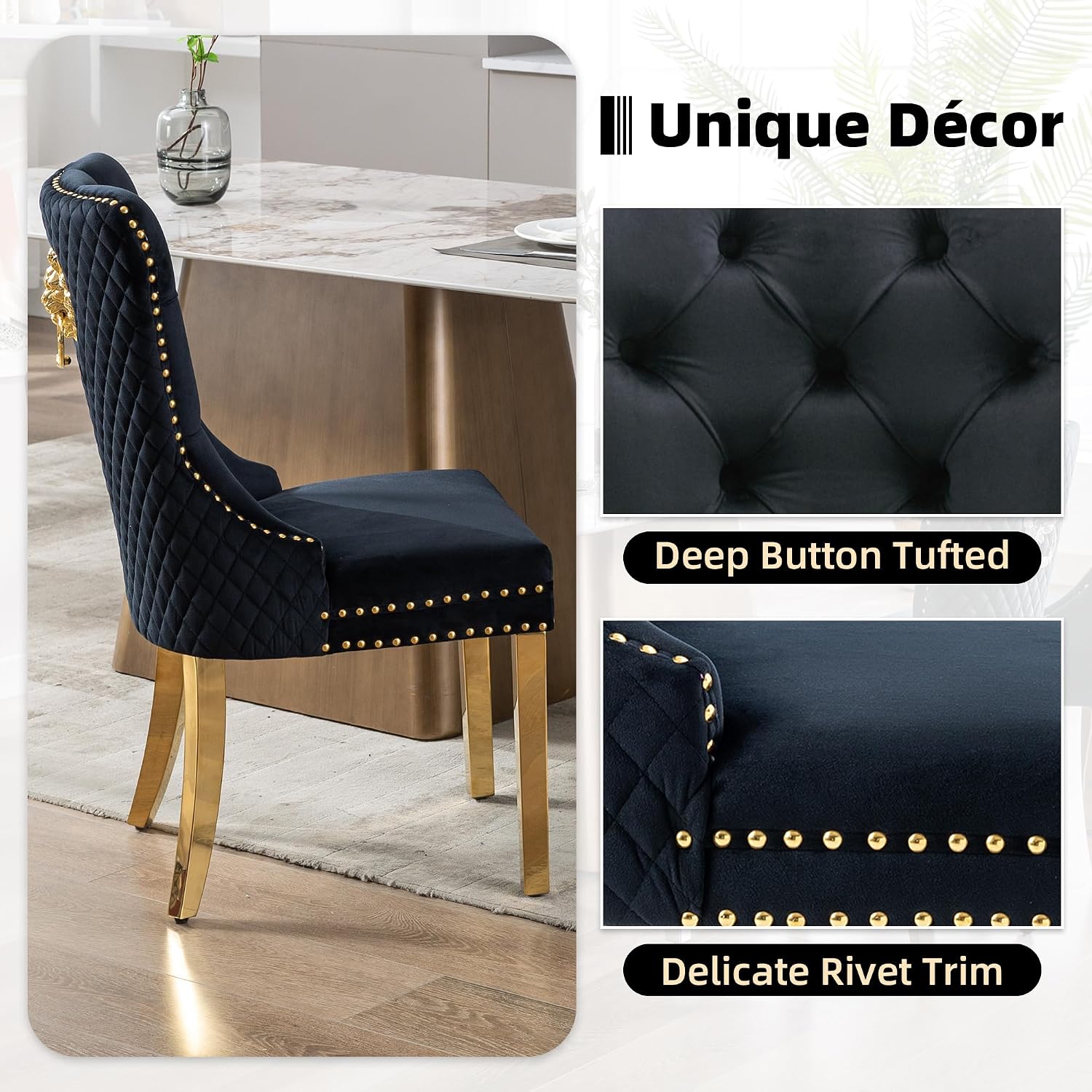 Velvet Dining Chairs Set of 4, Upholstered Dining Room Chairs, Mid-Century Modern Chairs with Diamond Lattice Tufted Back, Lion Pull Ring Rivet Trim, Golden Metal Legs for Kitchen, Black