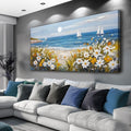 KELIYUAN Large Vintage Landscape Painting Home Decor Blue Ocean Beach Painting Living Room Decorative Wall Art Modern Print Canvas White Flowers Farmhouse Office Bedroom Wall Decor 30 X 60 Inches