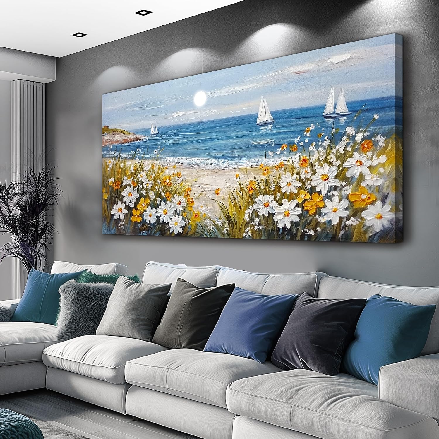 KELIYUAN Large Vintage Landscape Painting Home Decor Blue Ocean Beach Painting Living Room Decorative Wall Art Modern Print Canvas White Flowers Farmhouse Office Bedroom Wall Decor 30 X 60 Inches