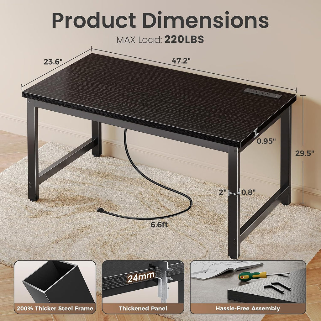 Huuger 48 x 24 inch Desk with Power Outlets & USB-C, Deeper & Thicker Desktop, Robust Metal Tubes, Computer Desk, Heavy Duty Office Desk, Work Gaming Desk for Home Office, Black