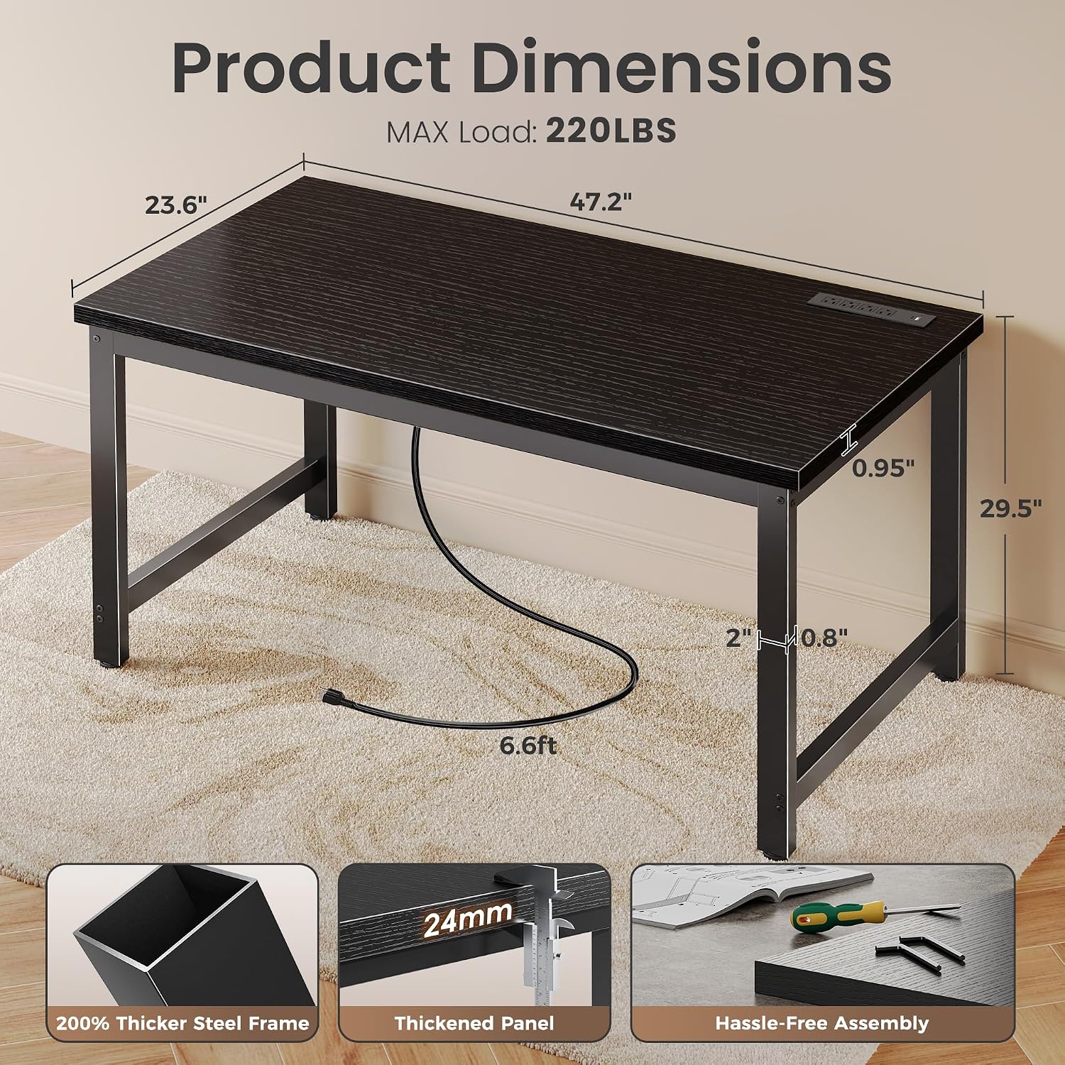 Huuger 48 x 24 inch Desk with Power Outlets & USB-C, Deeper & Thicker Desktop, Robust Metal Tubes, Computer Desk, Heavy Duty Office Desk, Work Gaming Desk for Home Office, Black