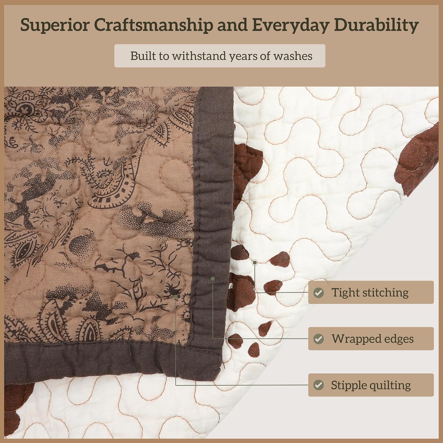 Paseo Road Elsa King Cotton Quilt Set, 3 Piece Western Bedding Set with Pillow Shams, Brown Cow Print Reversible Quilt, Soft Cozy Rustic Farmhouse Bedding, Lightweight Quilt, Southwestern Bedding