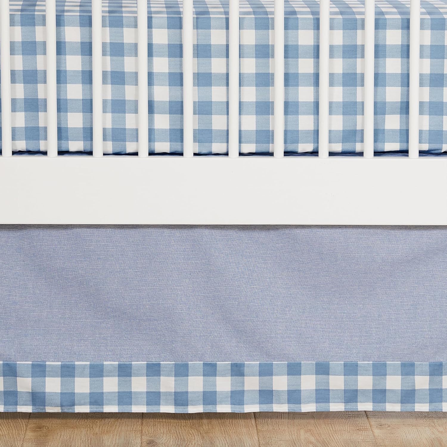 Levtex Baby - Forest Friends Crib Bed Set - Baby Nursery Set - Gingham - Blue and White - Animal Portraits - 5 Piece Set Includes Quilt, Two Fitted Sheets, Wall Decal & Skirt/Dust Ruffle
