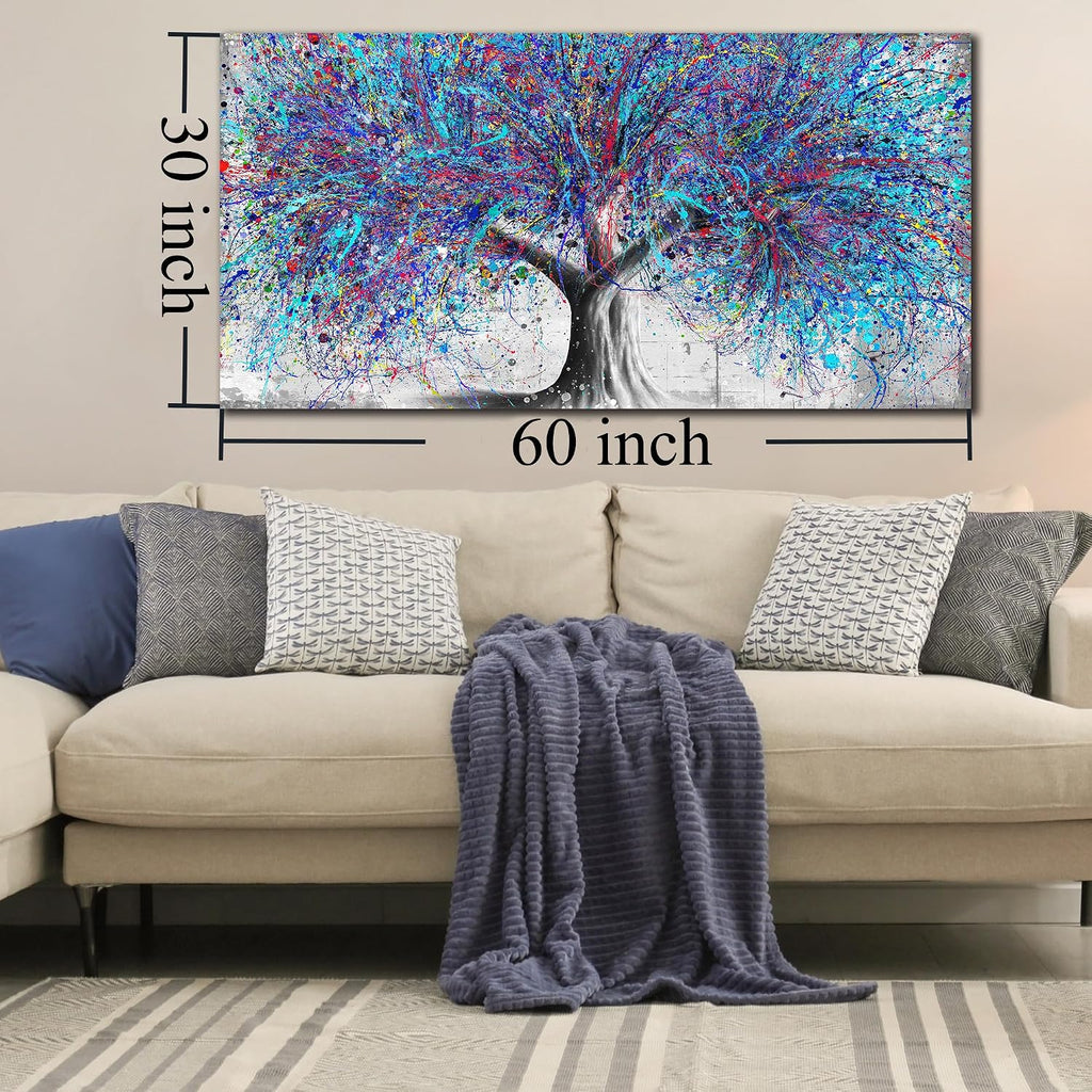 GUGIKA Large Wall Art for Living Room, Blue Tree Canvas Wall Decor for Bedroom, Graffiti Print, Blue Picture Decoration, Size 59x29 Inches