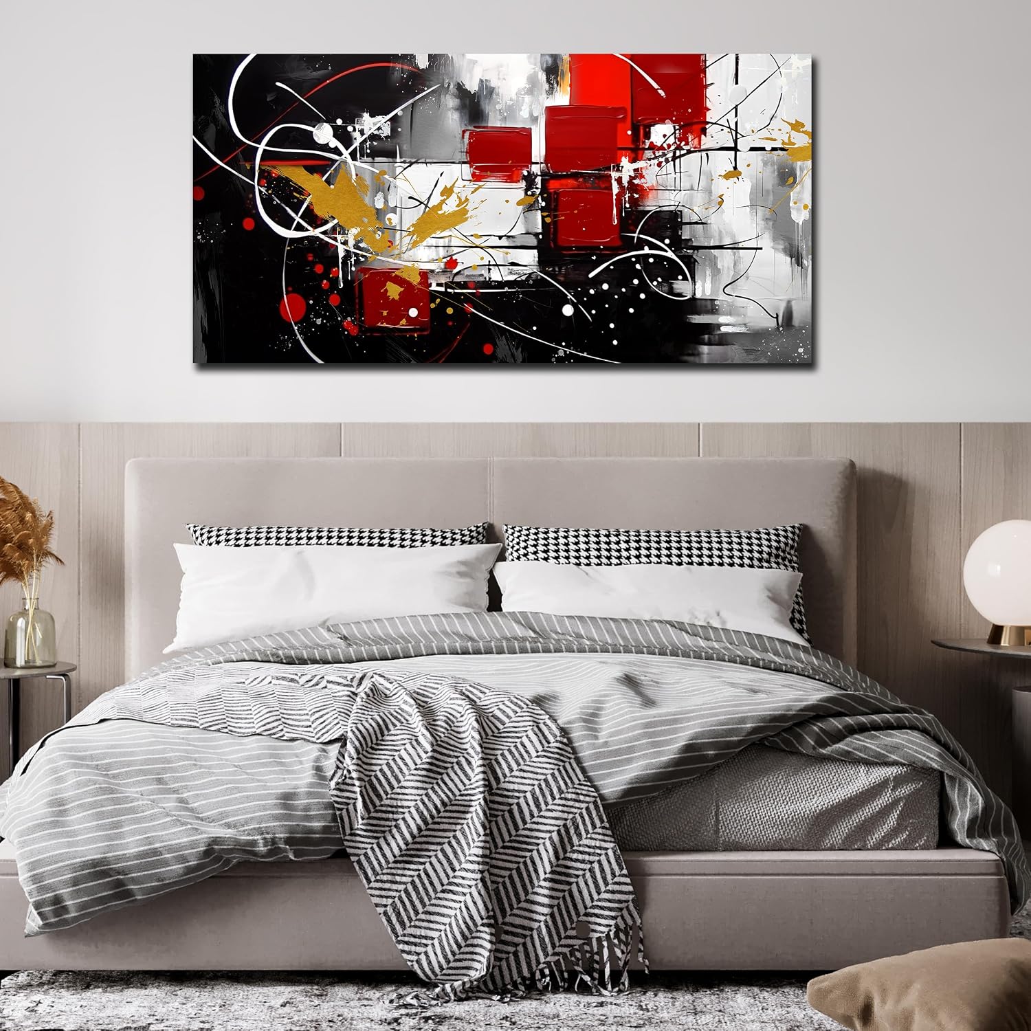 Large Abstract Canvas Wall Art Modern Living Room Bedroom Home Office Wall Decor Black Grey Red Abstract Picture Framed Artwork Ready to Hang Size 30x60