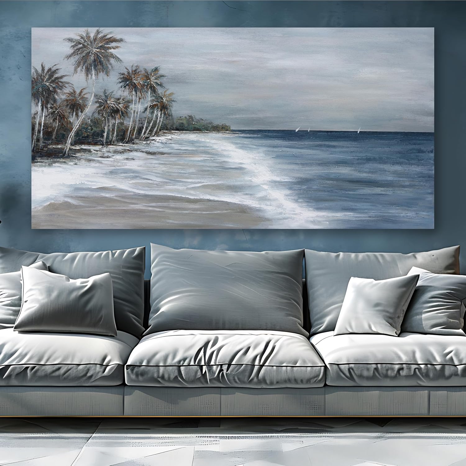Coastal Wall Art Blue Gray Beach Wall Decor Landscape Abstract Canvas Painting Modern Ocean Artwork Framed for Living Room Bedroom Bathroom Office Decor 58'x29'Can Be Hung Directly