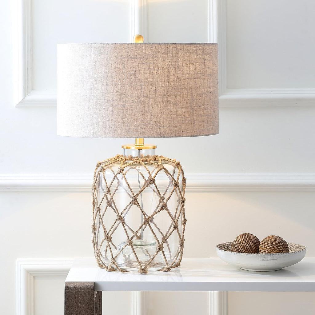 JONATHAN Y 26.5' Brown/Clear Glass and Rope Coastal LED Table Lamp, Nautical Jute Net Lamp for Living Room Bedroom Nightstand, Gray Linen Drum Shade, LED Bulb Included JYL5033A