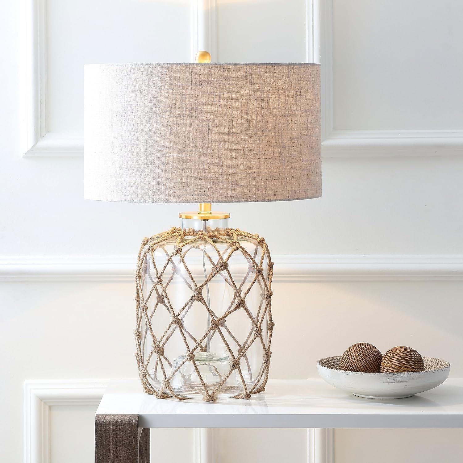 JONATHAN Y 26.5' Brown/Clear Glass and Rope Coastal LED Table Lamp, Nautical Jute Net Lamp for Living Room Bedroom Nightstand, Gray Linen Drum Shade, LED Bulb Included JYL5033A
