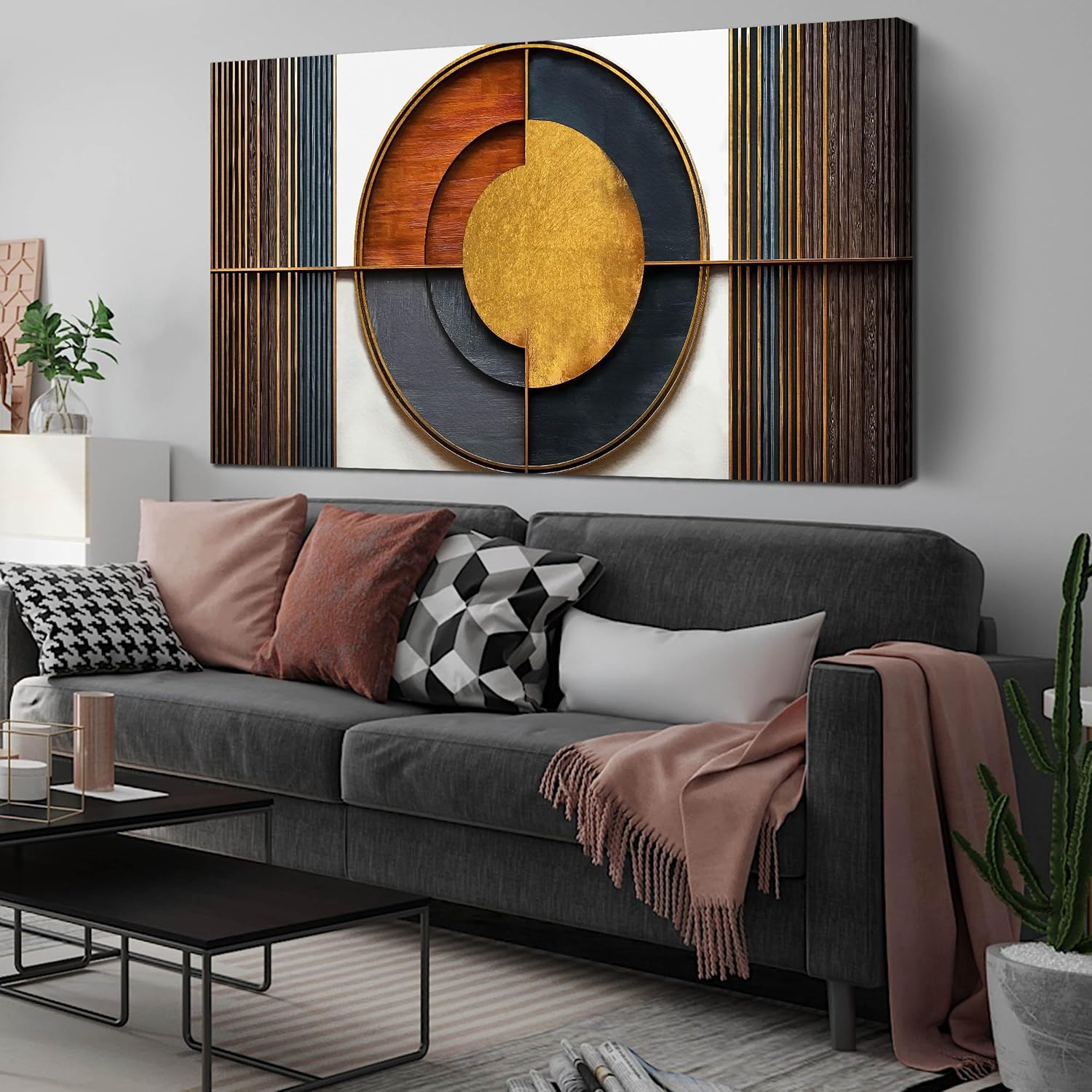 Large Canvas Wall Art for Living Room Bedroom Home Office Brown and White Wood Color Geometrical Picture Modern Canvas Prints Framed Wall Decor Size 29x59