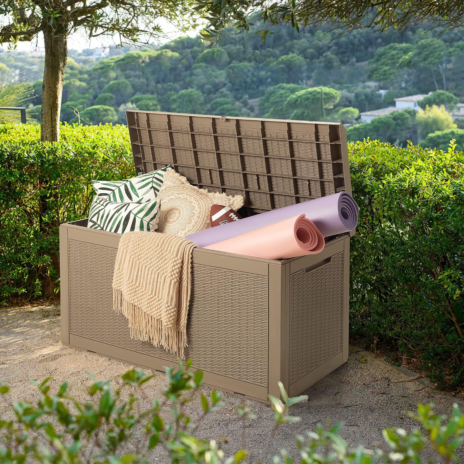 Devoko 100 Gallon Waterproof Large Resin Deck Box Outdoor Storage Box Indoor Lockable Storage Container with Cushion for Patio Furniture Garden Pool Cushions (Light Brown)