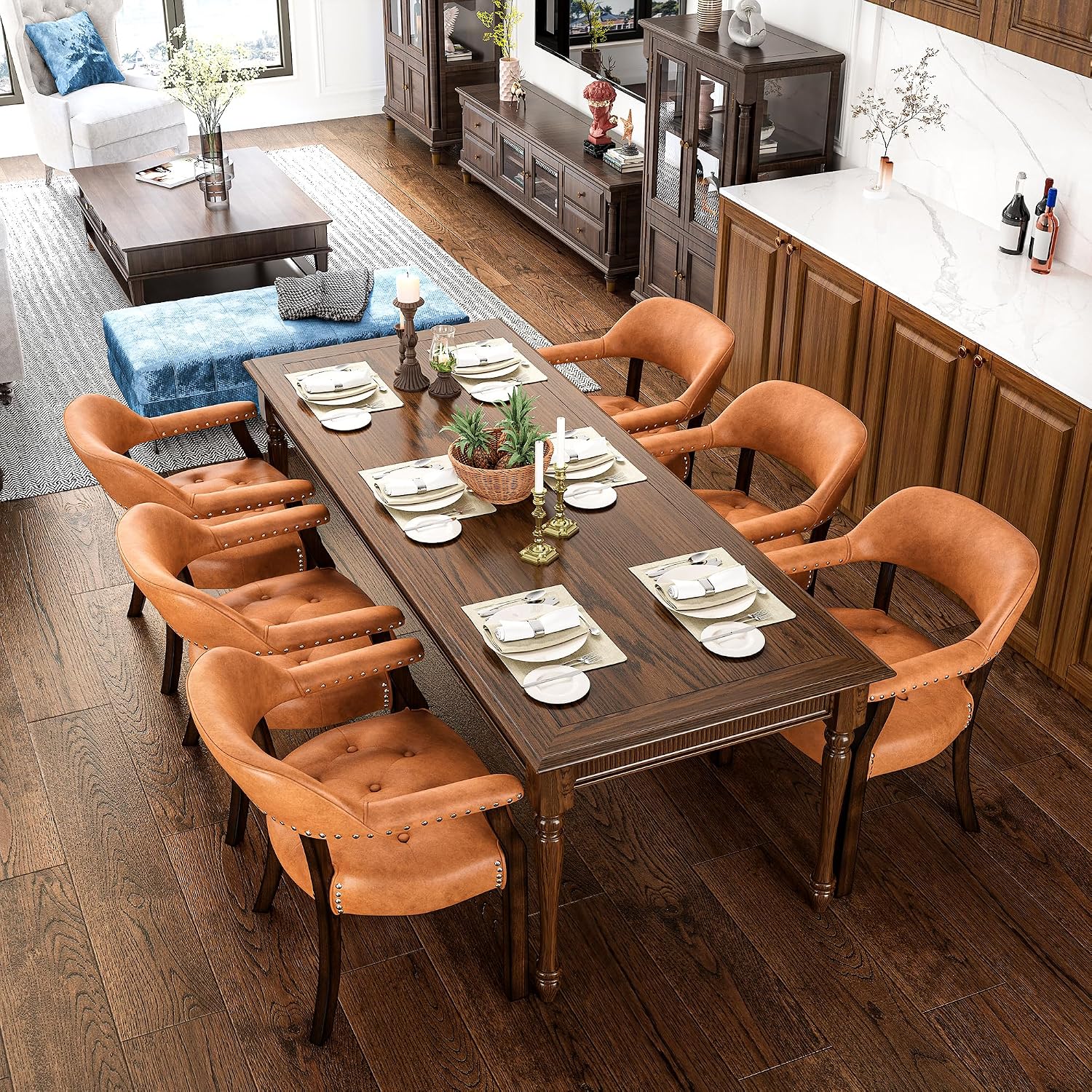 Dining Chairs with Upholstered,Office Desk Chair with Arms and Metal Rivets. PU Boss Captain's Chairs,Classic Accent Stools for Dining Room, Bedroom Brown Legs & Orange NX173-318OR
