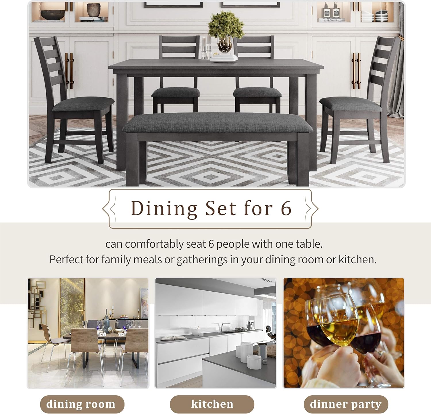 Wood Dining Table Set with Bench and 4 Chairs, 6 Piece Dining Room Table Set for 6 People, Rustic Style Kitchen Table Set (Gray+Cushion seat)