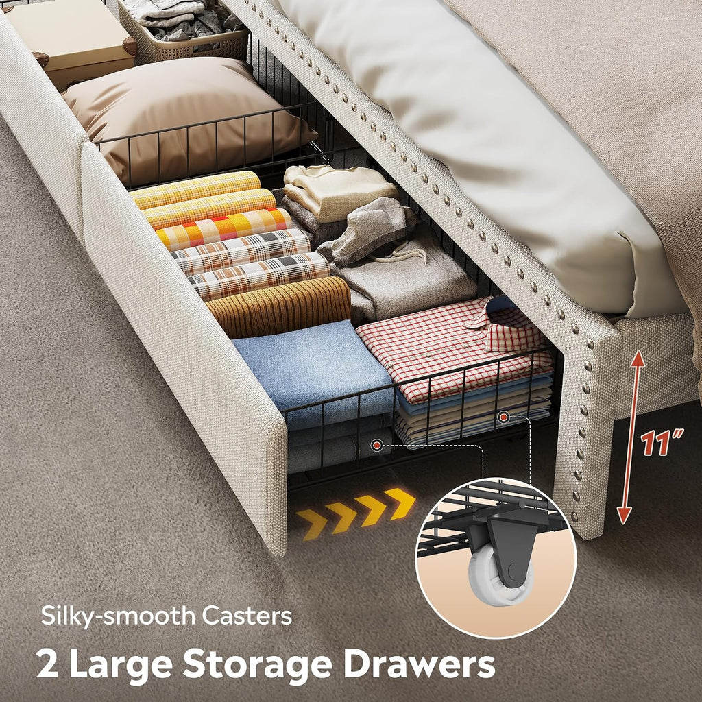 WLIVE Full Size Upholstered Bed Frame with 2 Drawers, Storage Headboard Platform Bed with Charging Station and LED Light, Sturdy Metal & Wooden Slats Support, No Box Spring Needed, Beige
