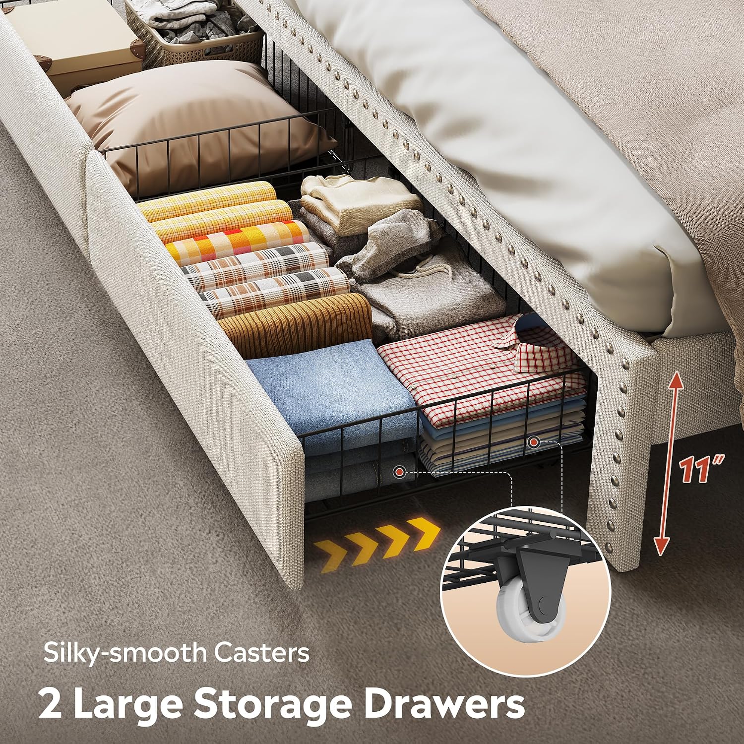 WLIVE Full Size Upholstered Bed Frame with 2 Drawers, Storage Headboard Platform Bed with Charging Station and LED Light, Sturdy Metal & Wooden Slats Support, No Box Spring Needed, Beige