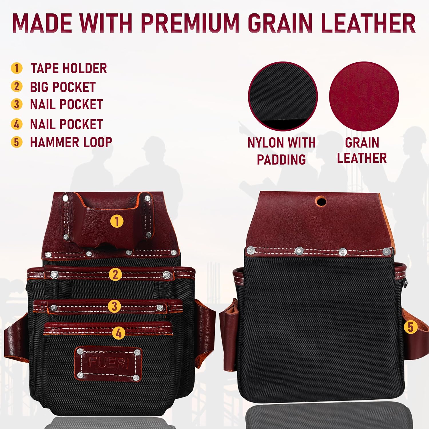 FUERI Electrician's Heavy Duty 26 Pocket Leather-Nylon Tool Belt & Suspender Combo, Comfort Back Support Padded Belt, 2 Large Storage Capacity Pouches, Best for Framers, Carpenter, Roofing