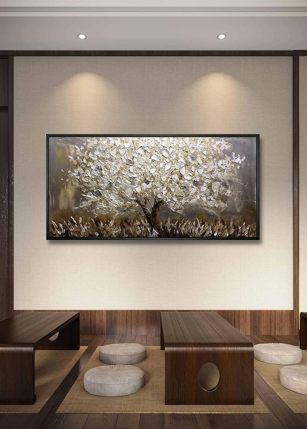 Boiee Art,24x48Inch Textured Hand Painted Silver Gray Wall Art Landscape Canvas Artwork 3D Abstract Money Tree Oil Paintings with Black Polystyrene Frame Modern Home Wall Decor Art