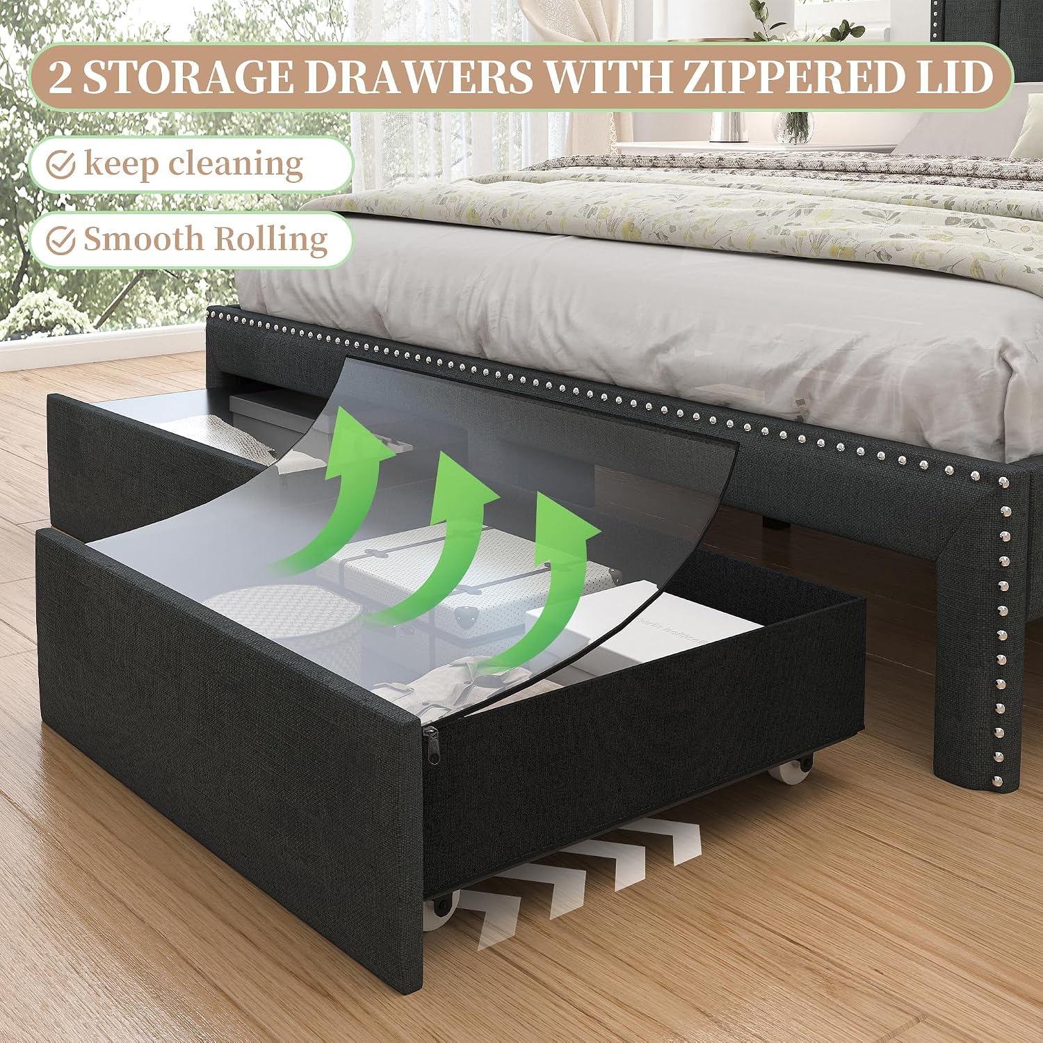 SIBEDS Full LED Bed Frame with 2 Drawers, Upholstered Platform Bed with 2 Tier Storage Wingback Headboard, Linen Channel Tufted Bedframe with Rivet Decor, No Box Spring Needed, Dark Gray