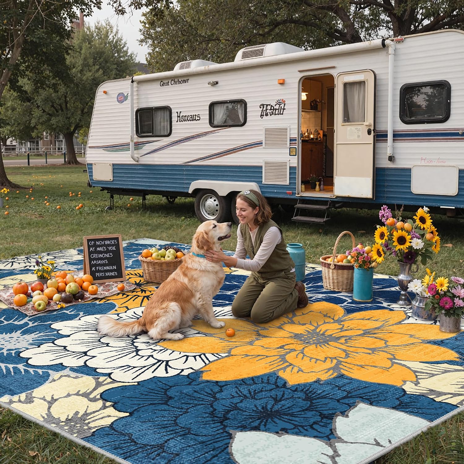 GENIMO Indoor Outdoor Area Rug 10'x14', Machine Washable Rugs for Patio, Waterproof, Non-Slip Easy Cleaning Floral Outdoor Mat Carpet for Living Room, Bedroom, RV, Balcony, Deck, Camping, Navy Blue