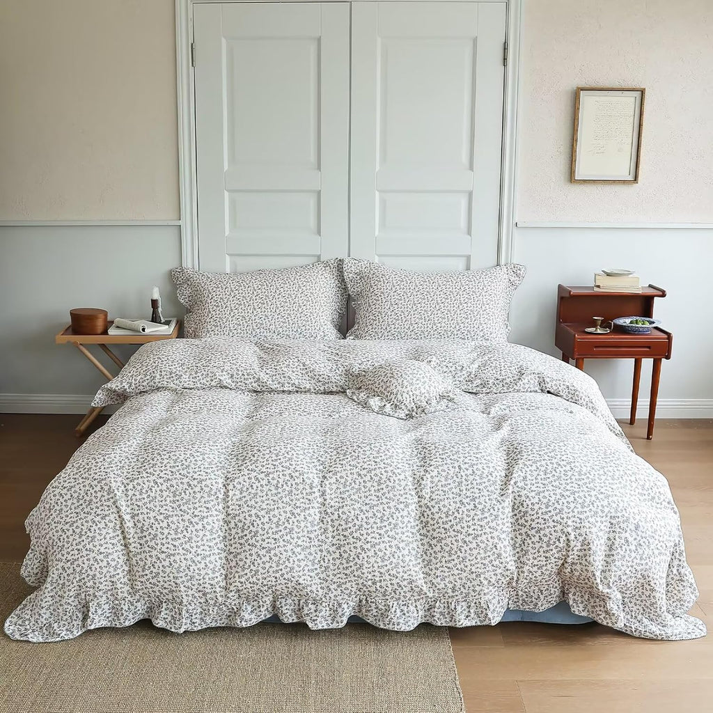 BuLuTu Blue Floral Print Duvet Cover King Size, Elegant Ruffles Bedding Set 3 Pieces, 100% Cotton Muslin Comforter Cover with 2 Pillowcases Soft Lightweight King Bed Set, Machine Wash