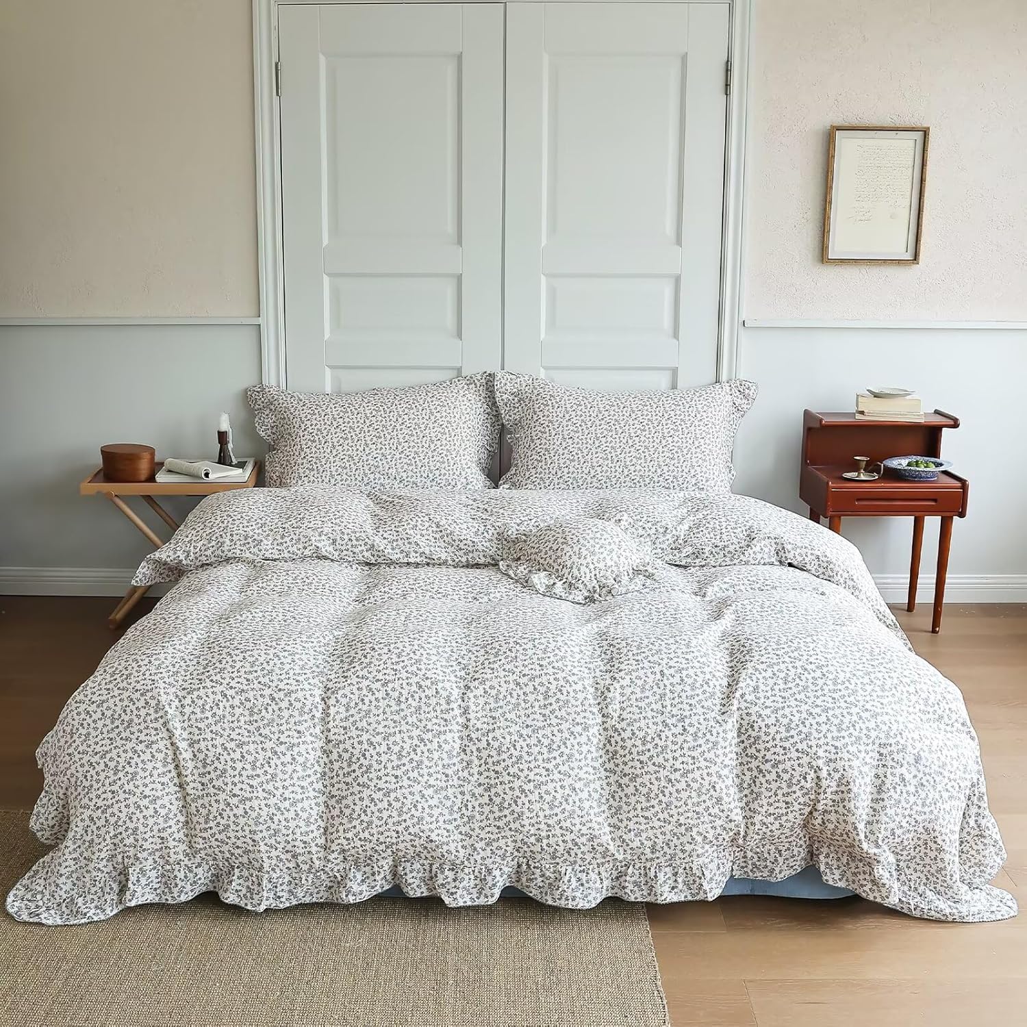 BuLuTu Blue Floral Print Duvet Cover King Size, Elegant Ruffles Bedding Set 3 Pieces, 100% Cotton Muslin Comforter Cover with 2 Pillowcases Soft Lightweight King Bed Set, Machine Wash