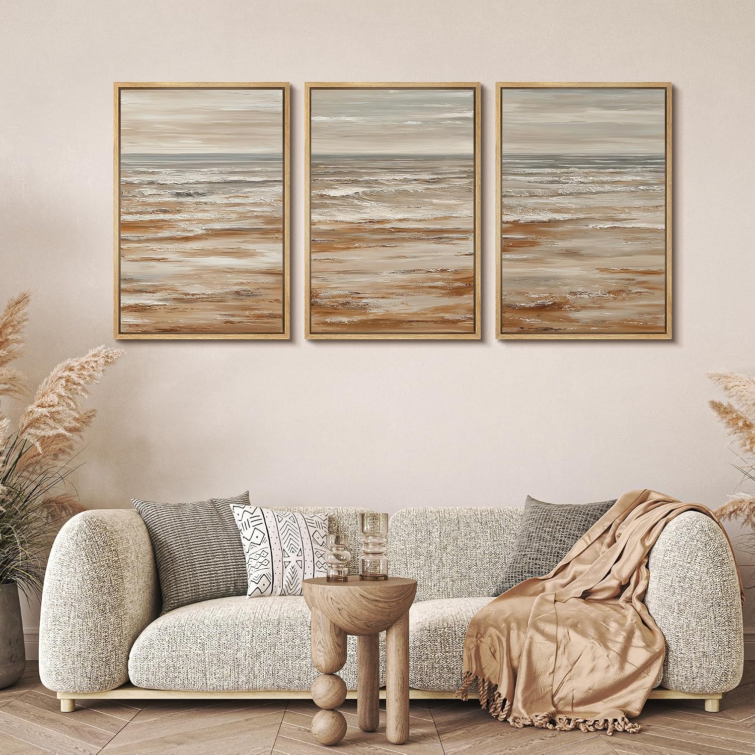 MUDECOR Framed Wall Art Print Set Neutral Coastal Seascape Minimalist Ocean Waves and Sandy Shore Illustrations Modern Art Boho Decorative for Living Room, Bedroom, Office - 24'x36'x3 NATURAL