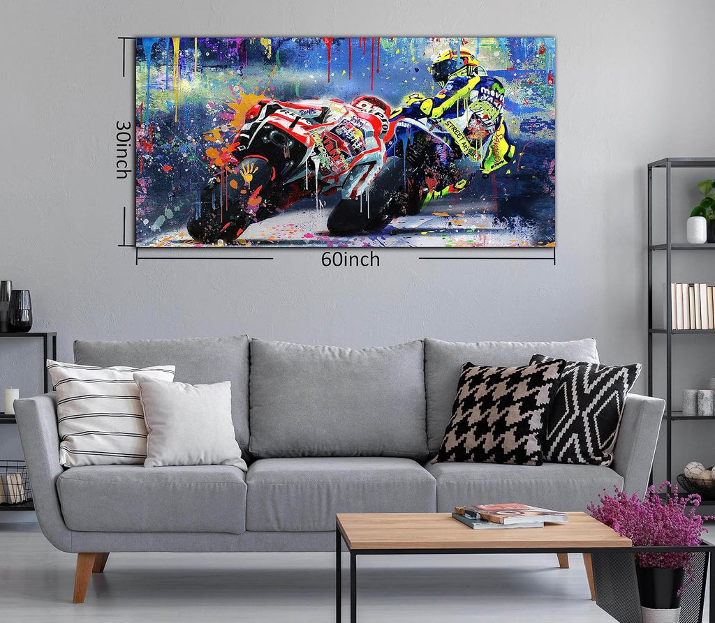 CANEITO Motorcycle Wall Art Living Room, Graffiti Racer Picture Wall Painting Bedroom, Large Sports Canvas Print Posters Wall Decor for Man, 29 x 59 Inch