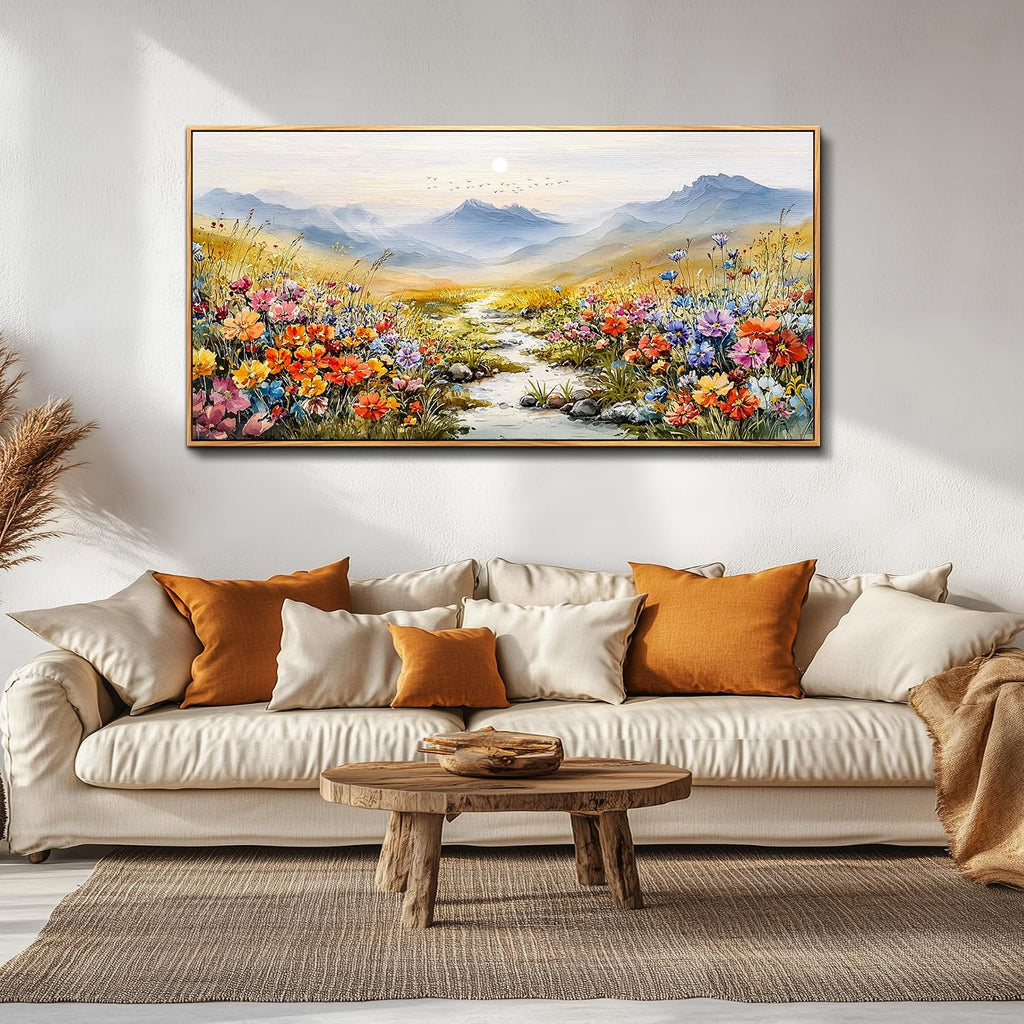 XIGUANGART Extra large Framed Wall Art, Floral Wall Decor,Flower Pictures Wall Decor, Wildflower Botanical Wall Art, Landscape Canvas Painting for Living Room Bedroom Kitchen Sofa Farmhouse 30'x60'