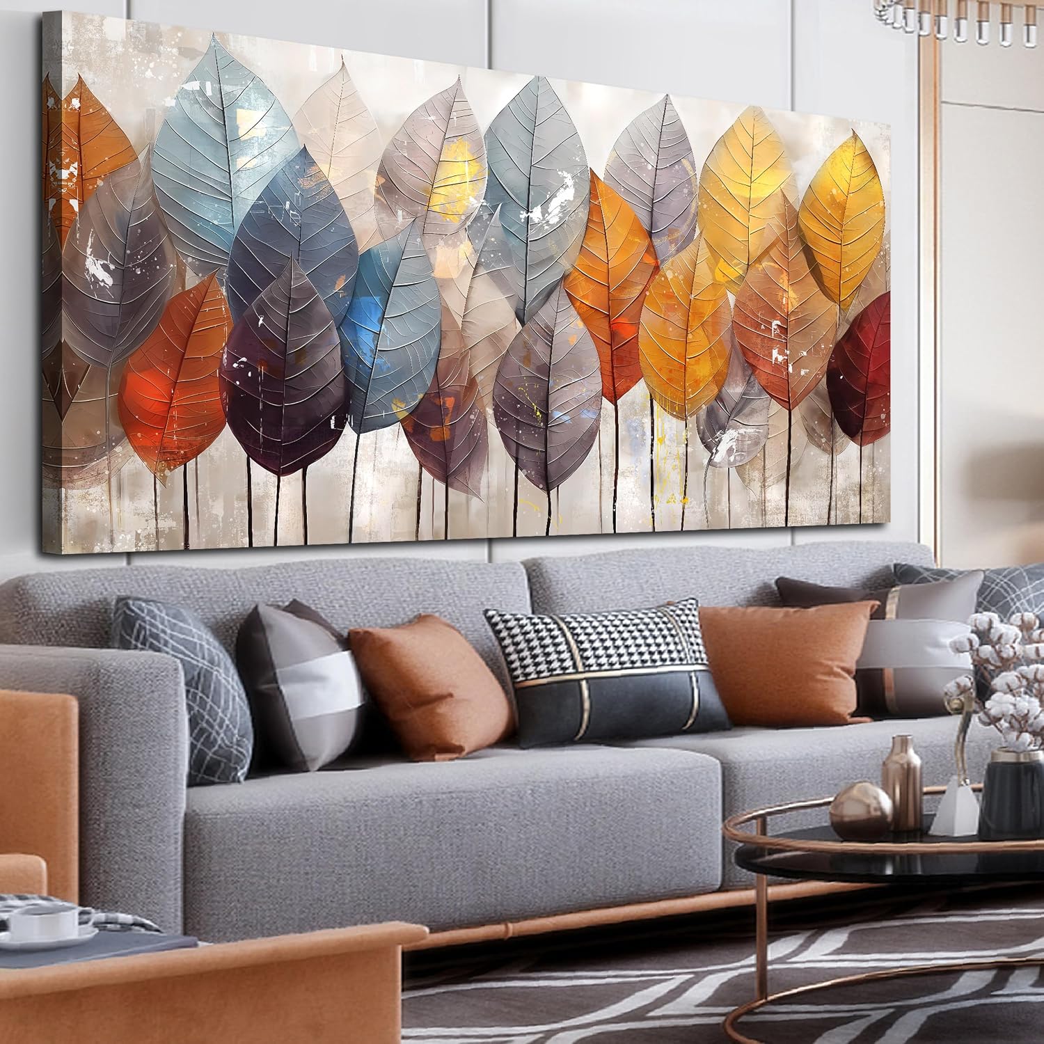 ENTANUB Leaf Wall Art for Living Room, Gold Autumn Canvas Wall Art for Bedroom, Tree Print Painting for Office, Large Size 60x30 Inches