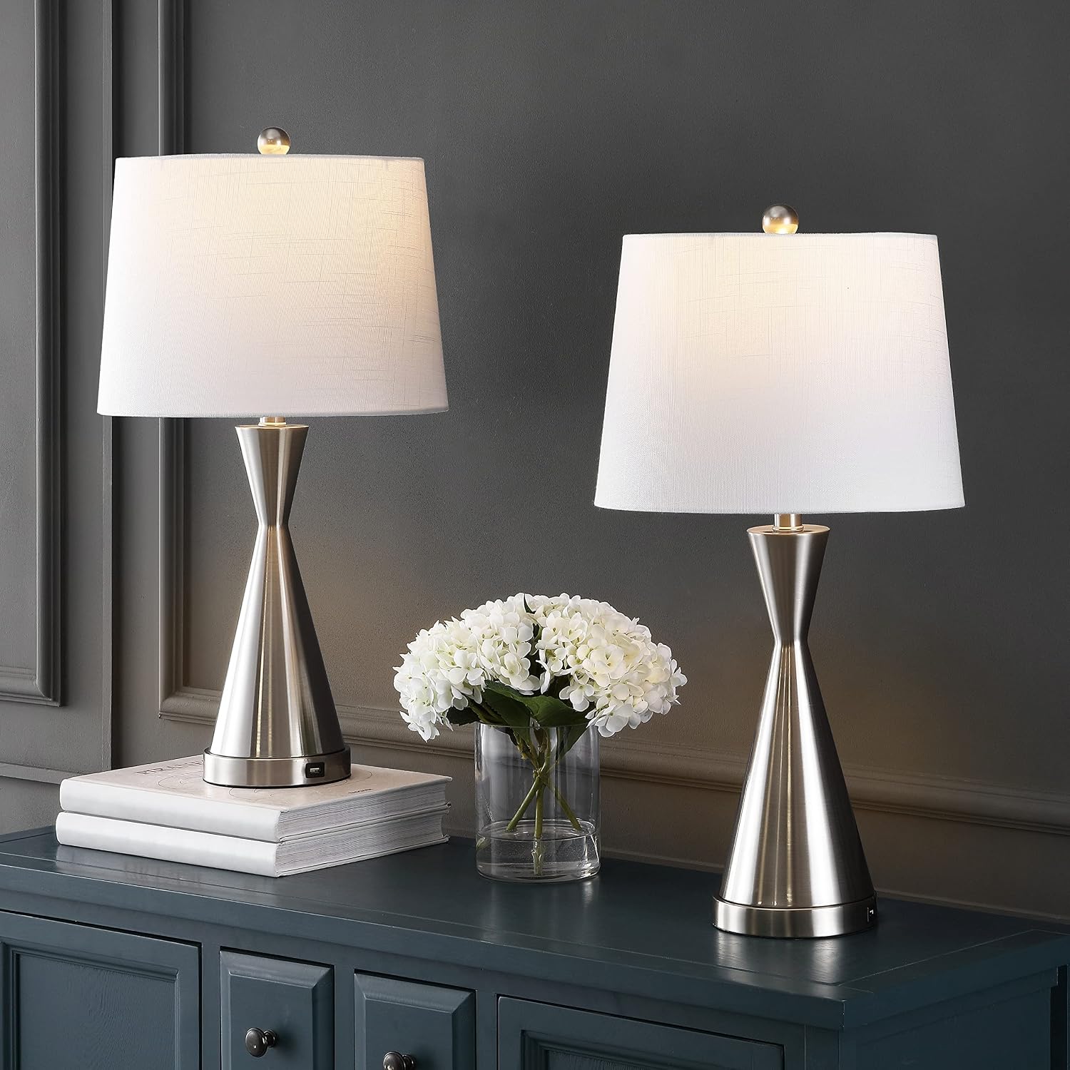 JONATHAN Y 26' Nickel Classic Iron LED Table Lamp with USB Port, Set of 2 for Bedroom, White Linen Shade, Farmhouse Midcentury Modern Bedside Nightstand Lamps, LED Bulbs JYL4046A-SET2