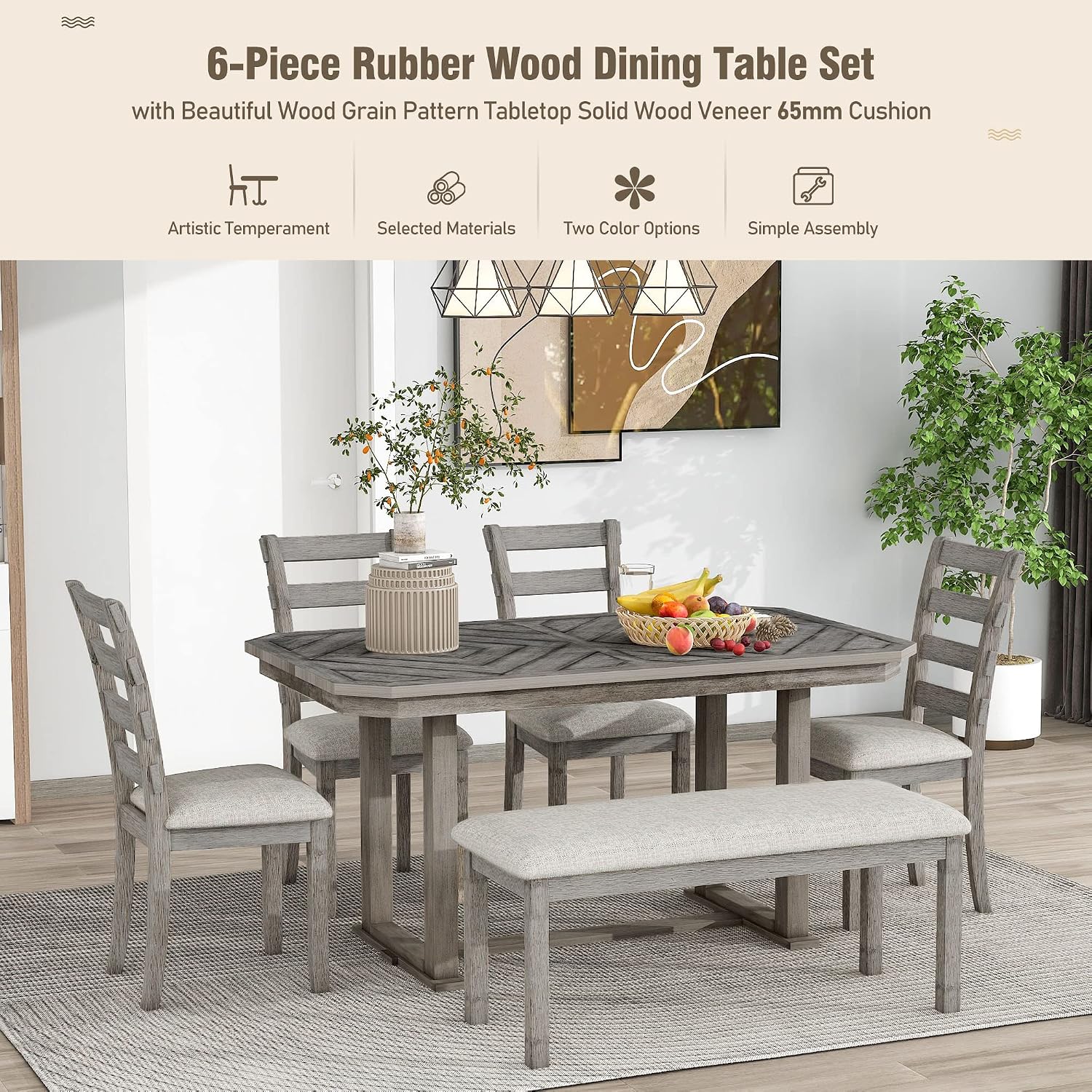 Solid Wood 6-Piece Dining Room Table Set with Beautiful Wood Grain Pattern Tabletop, Rustic Style Kitchen Dining Table Set with 4 Padded Ergonomic Chairs & a Bench (Gray-Grain)