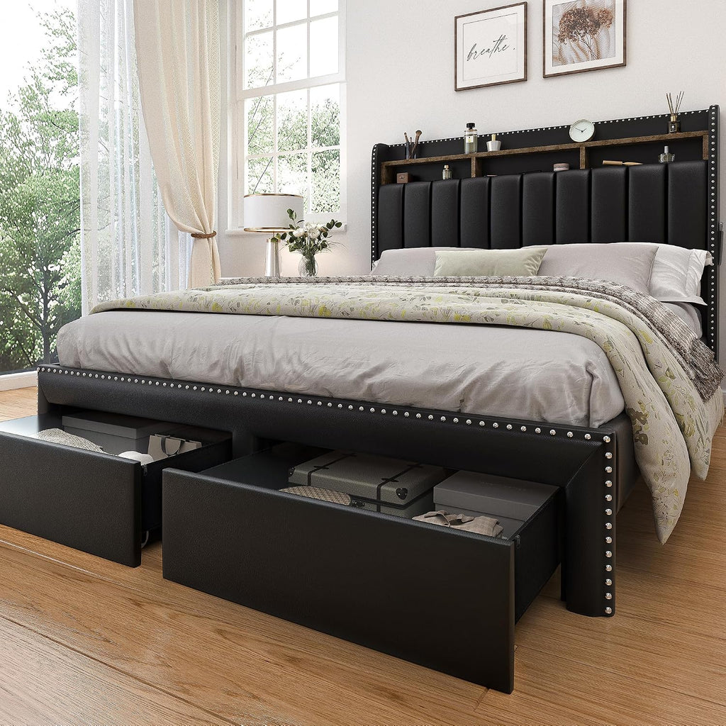 SIBEDS Full LED Bed Frame with Headboard, PU Leather Upholstered Platform Bed with 2 Tier Storage and 2 Zippered Fabric Drawers, Channel Tufted Bedframe with Rivet Decor, No Box Spring Needed, Black