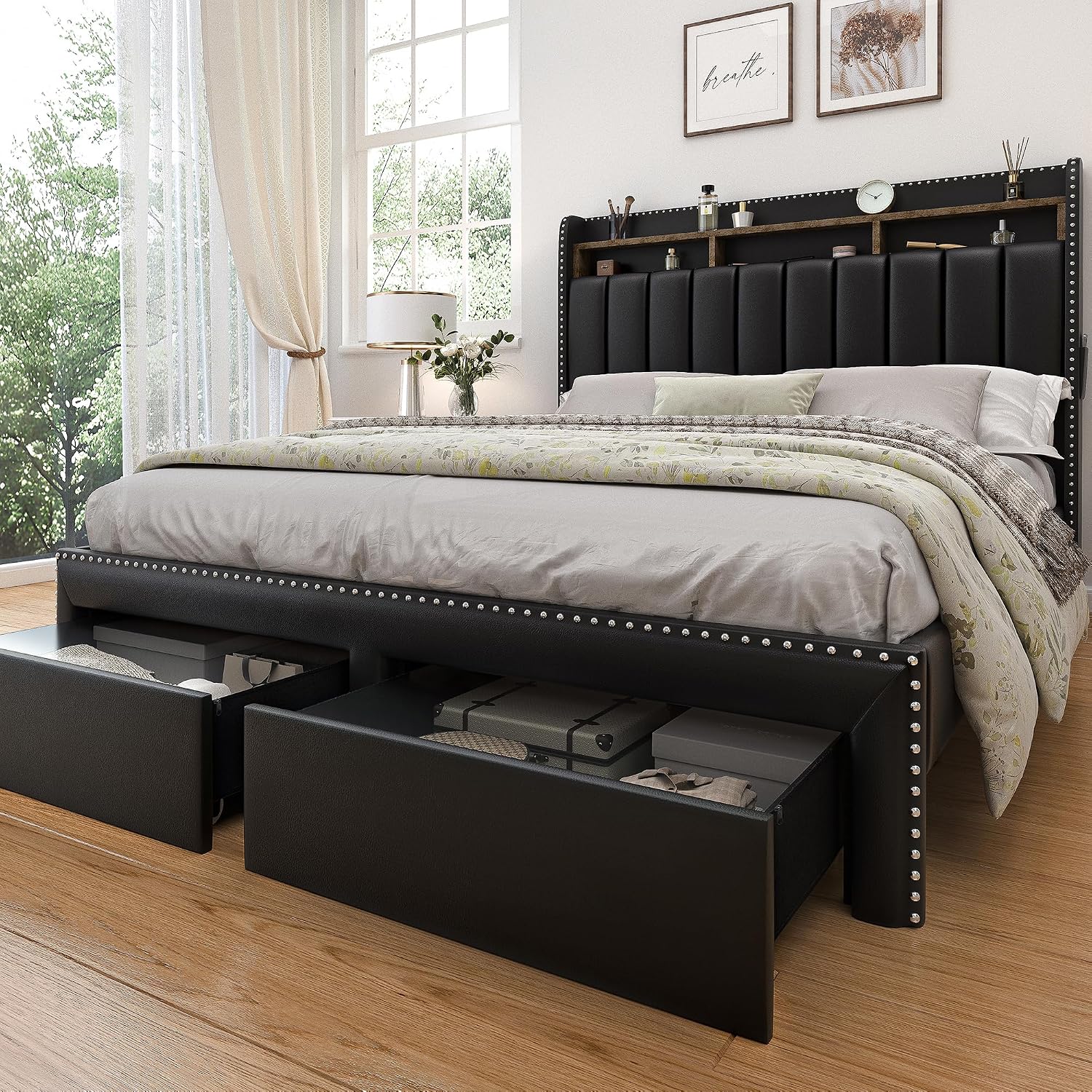 SIBEDS Full LED Bed Frame with Headboard, PU Leather Upholstered Platform Bed with 2 Tier Storage and 2 Zippered Fabric Drawers, Channel Tufted Bedframe with Rivet Decor, No Box Spring Needed, Black